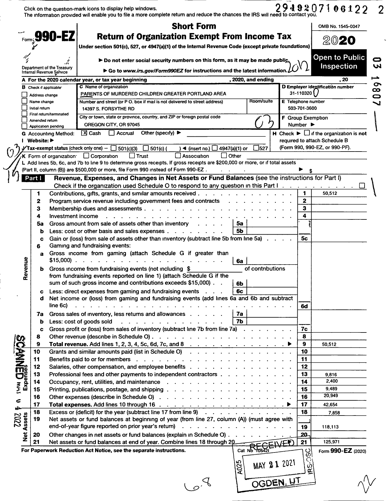 Image of first page of 2020 Form 990EZ for Parents of Murdered Children Greater Portland Area