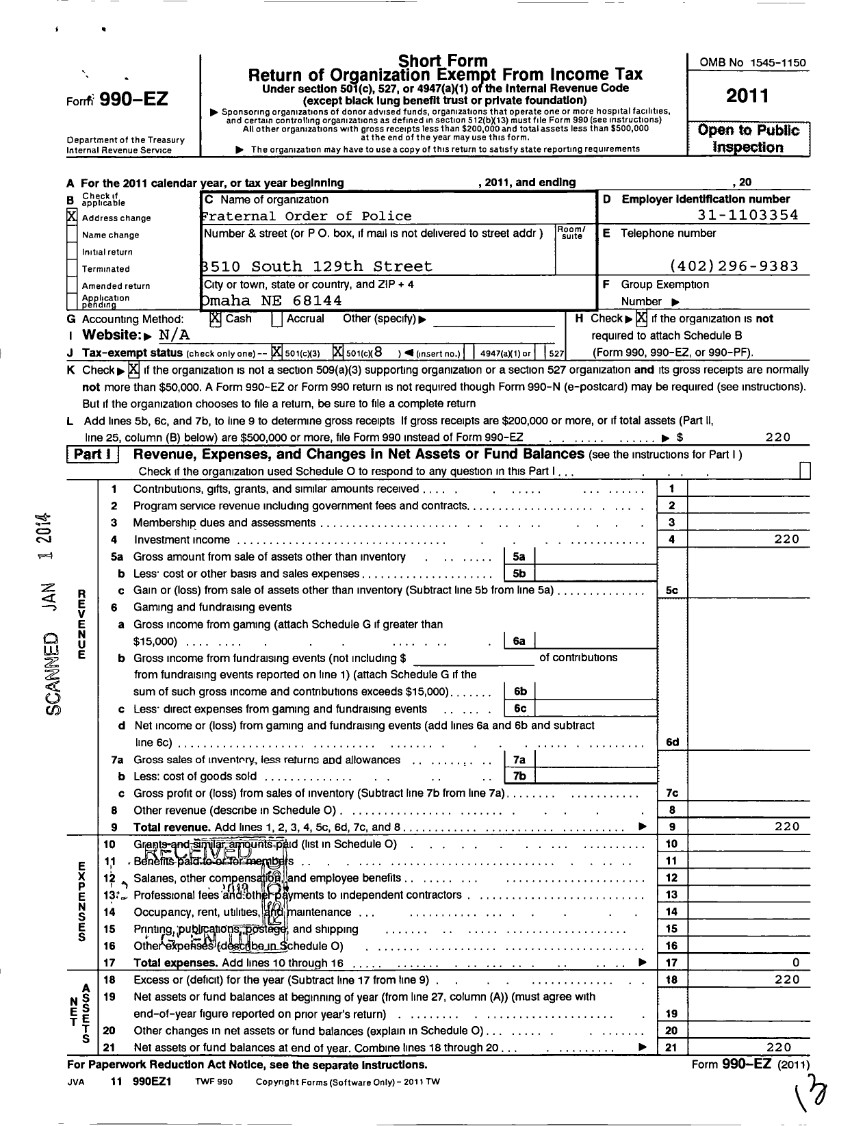 Image of first page of 2011 Form 990O for Fraternal Order of Police - 20 Plattsmouth Lodge 20