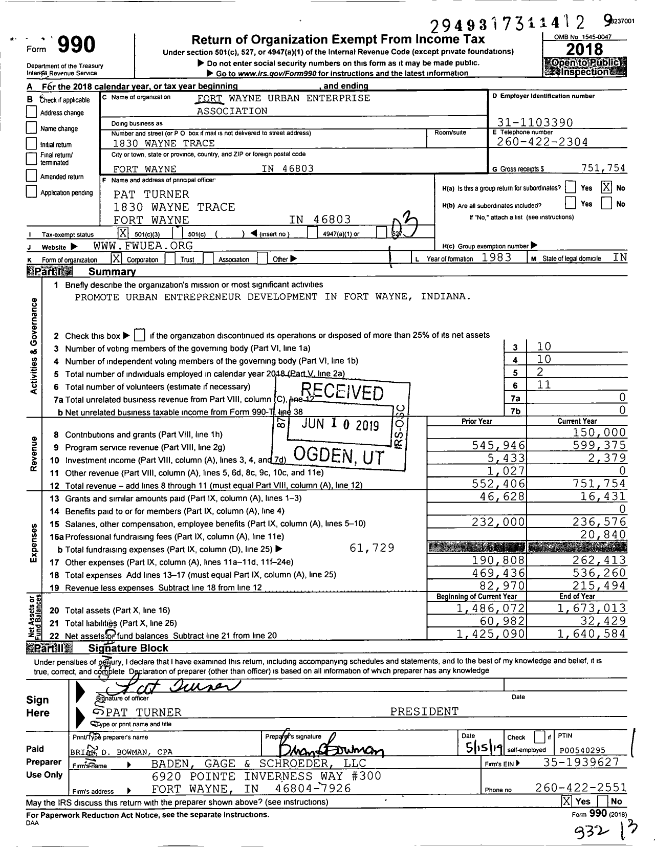 Image of first page of 2018 Form 990 for Fort Wayne Urban Enterprise Association