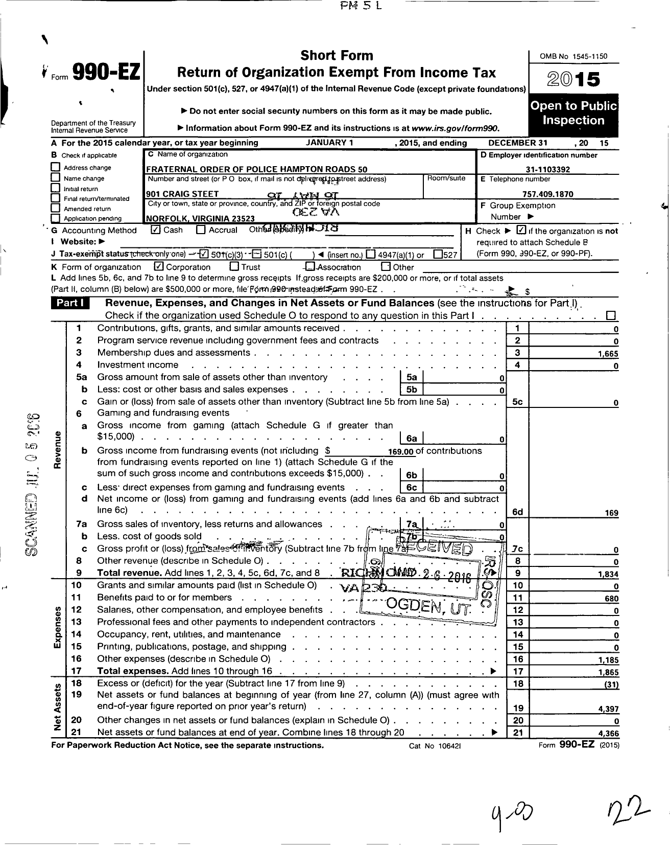 Image of first page of 2015 Form 990EZ for Hampton Roads Lodge No 50 Fraternal Order of Police