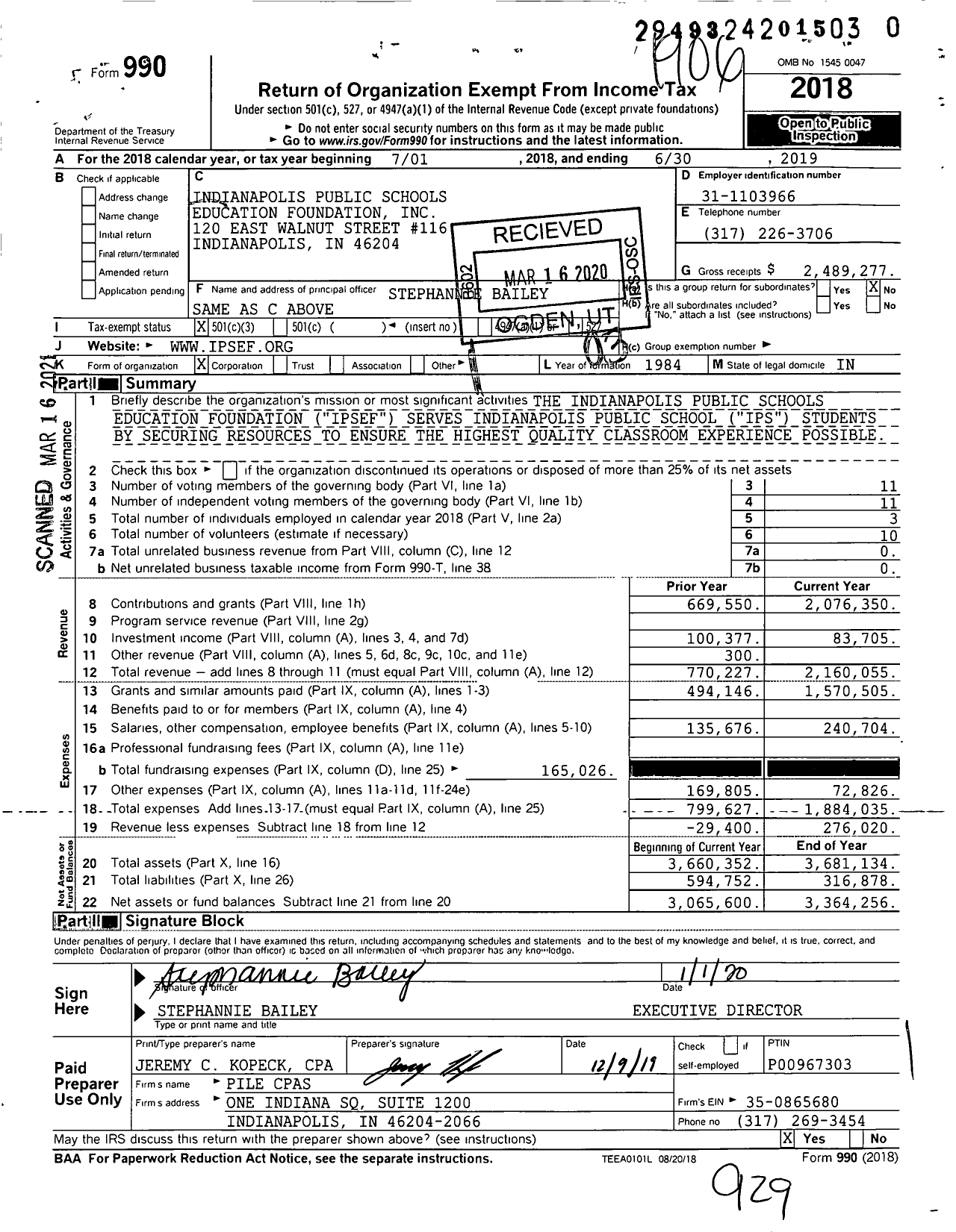 Image of first page of 2018 Form 990 for Indianapolis Public Schools Foundation