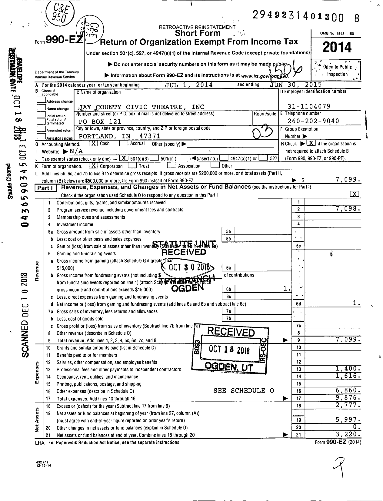 Image of first page of 2014 Form 990EZ for Jay County Civic Theatre