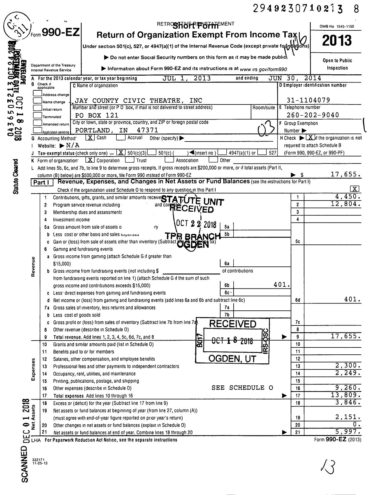 Image of first page of 2013 Form 990EZ for Jay County Civic Theatre