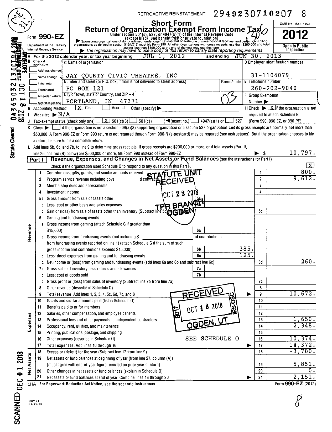 Image of first page of 2012 Form 990EZ for Jay County Civic Theatre