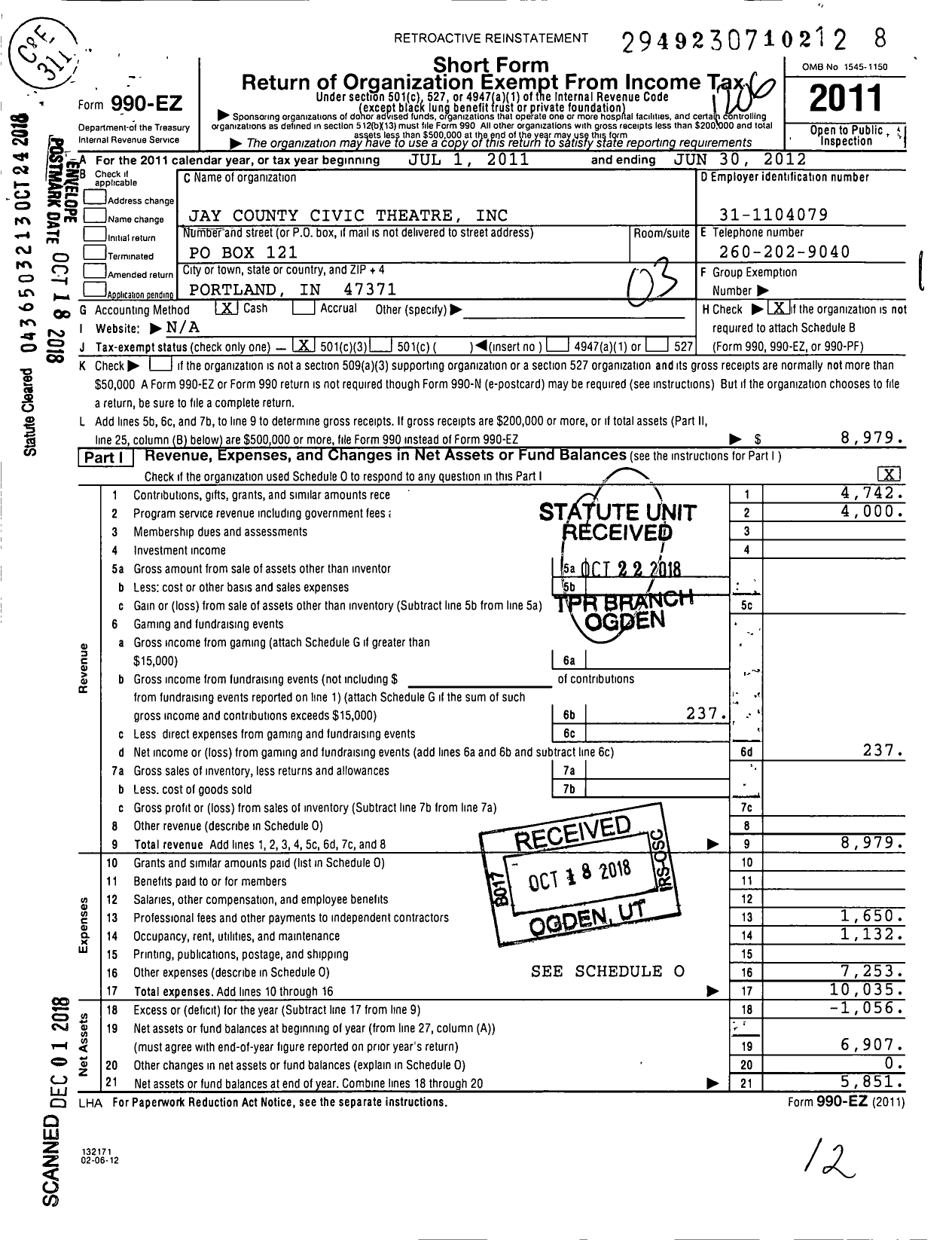 Image of first page of 2011 Form 990EZ for Jay County Civic Theatre