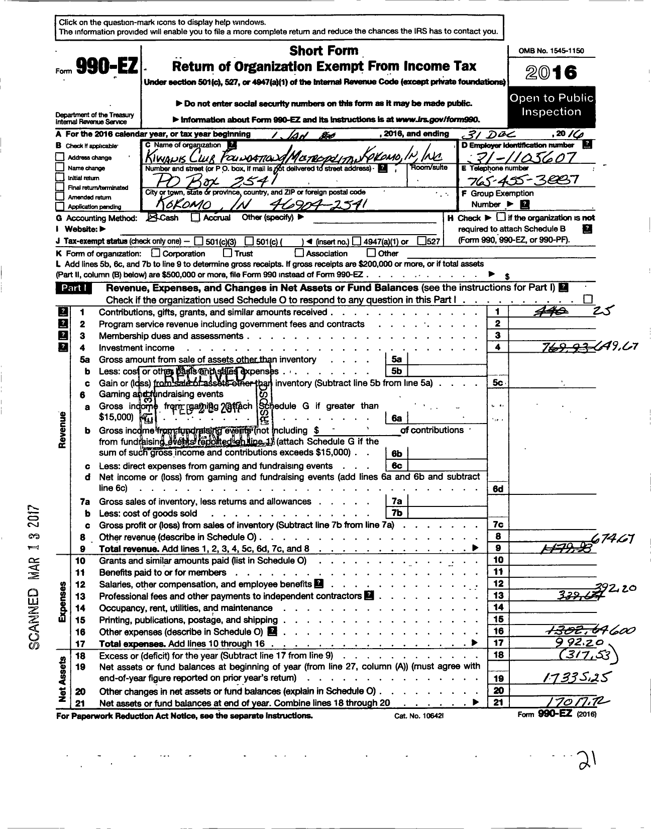 Image of first page of 2016 Form 990EO for Kiwanis Club Foundation of Metropolitan Kokomo Indiana