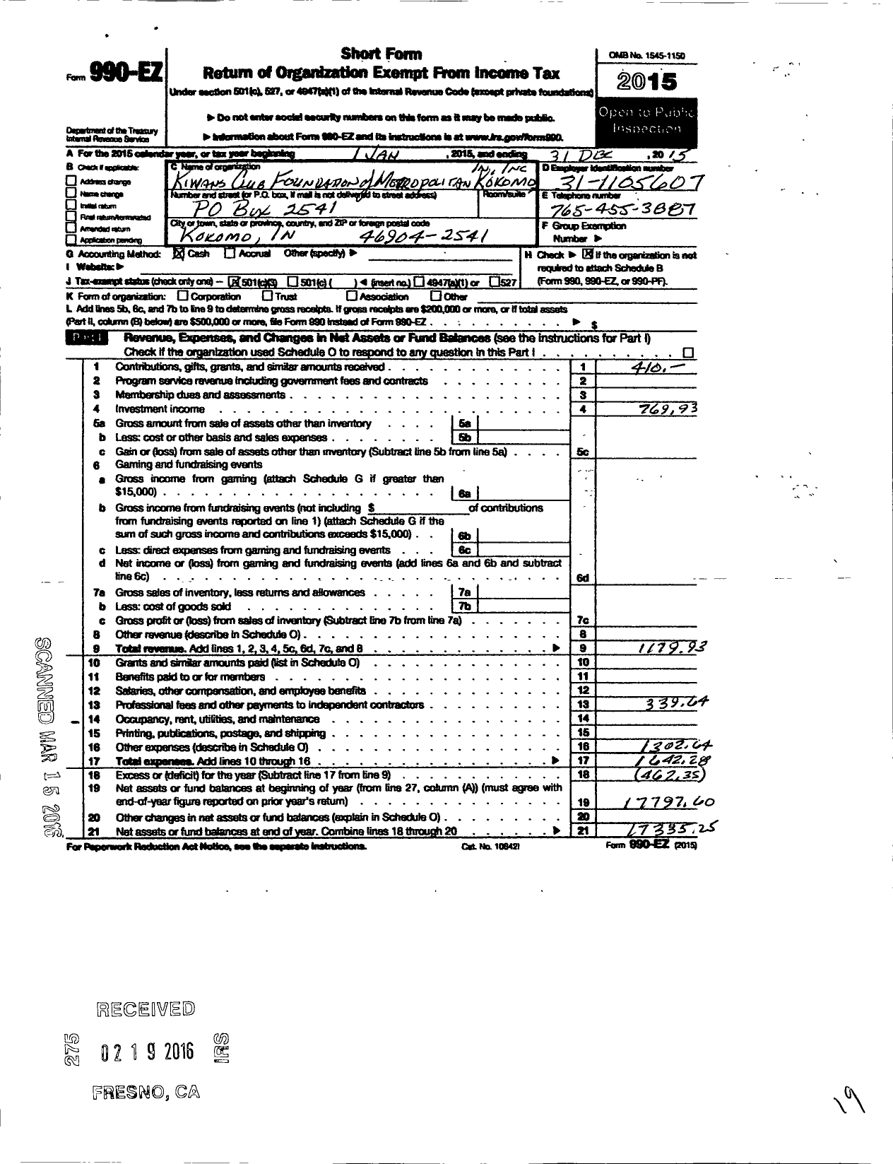 Image of first page of 2015 Form 990EZ for Kiwanis Club Foundation of Metropolitan Kokomo Indiana