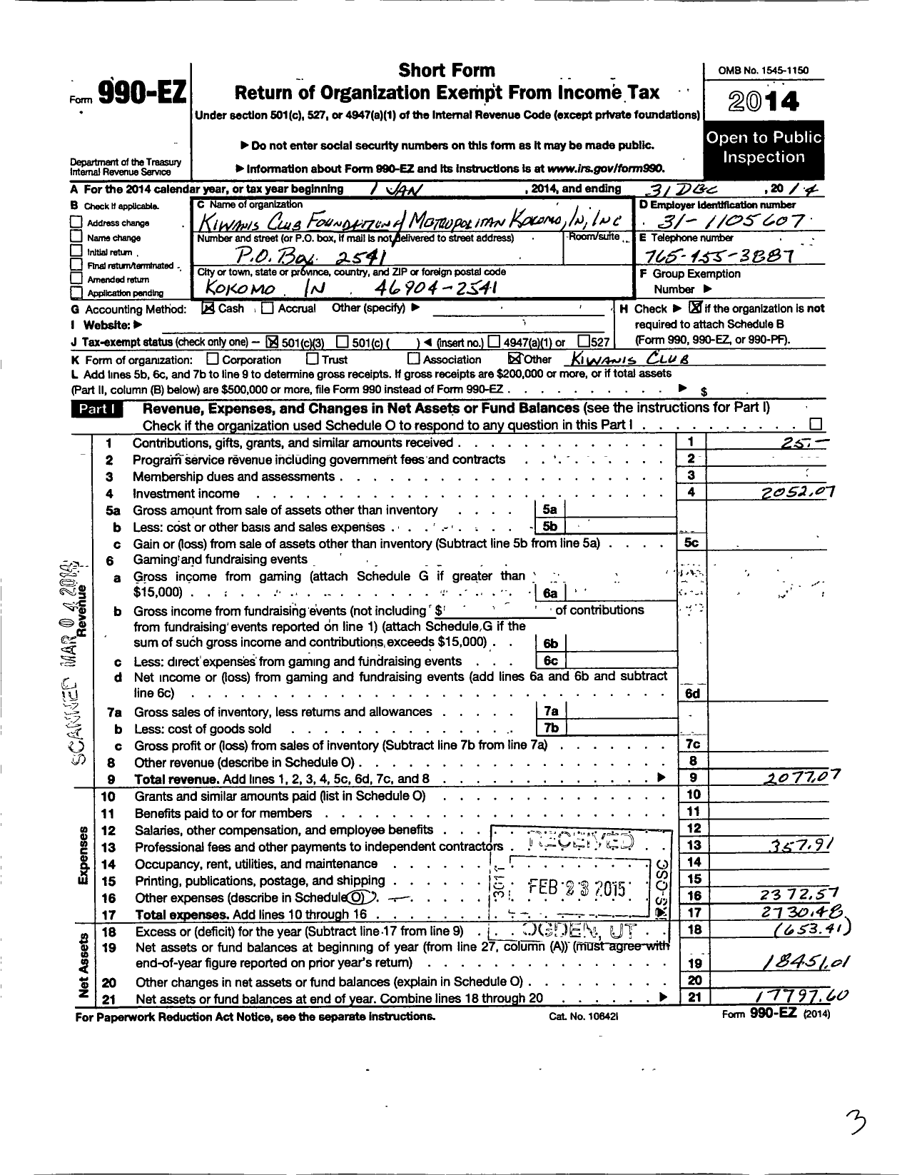 Image of first page of 2014 Form 990EZ for Kiwanis Club Foundation of Metropolitan Kokomo Indiana