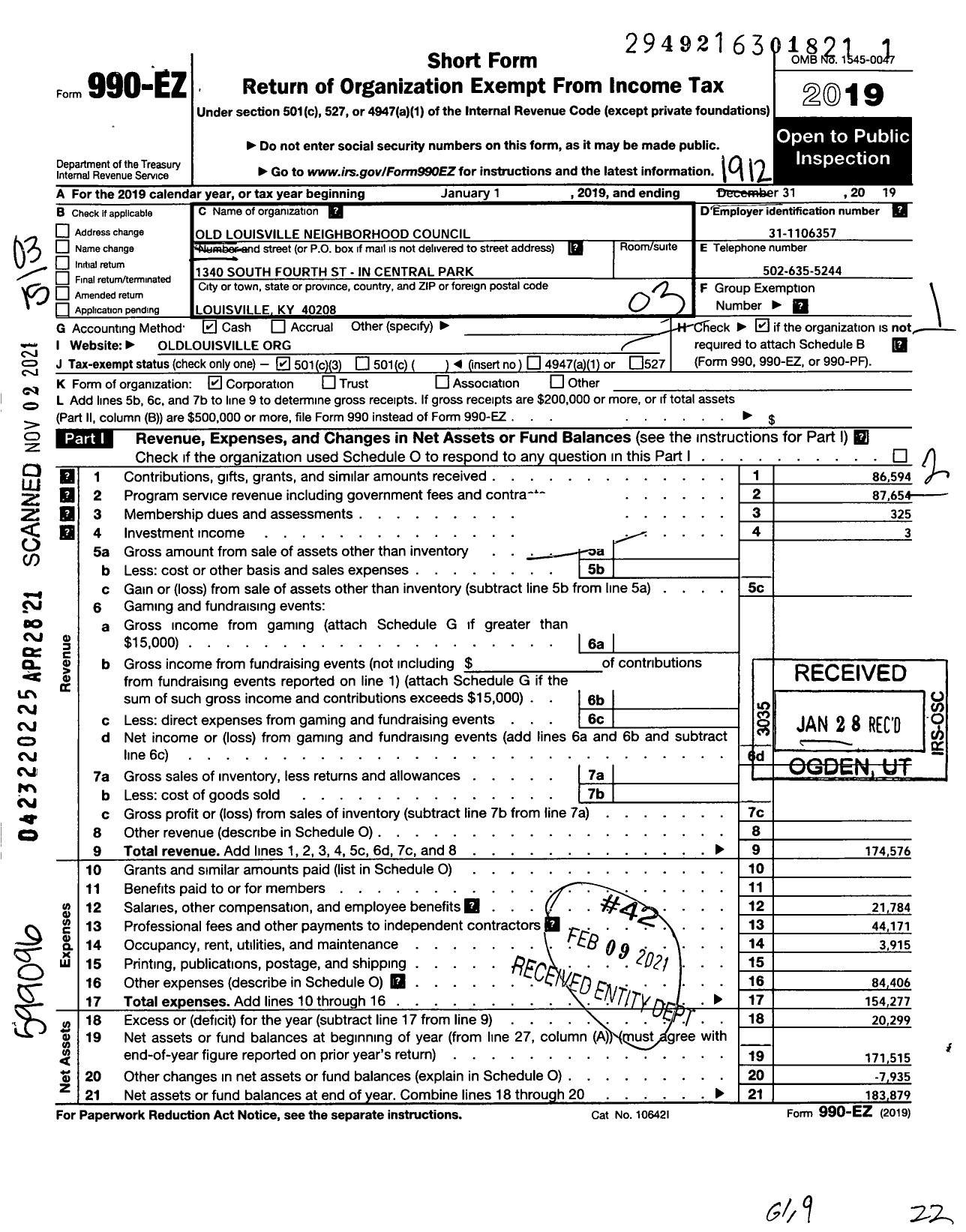 Image of first page of 2019 Form 990EZ for Old Louisville Neighborhood Council