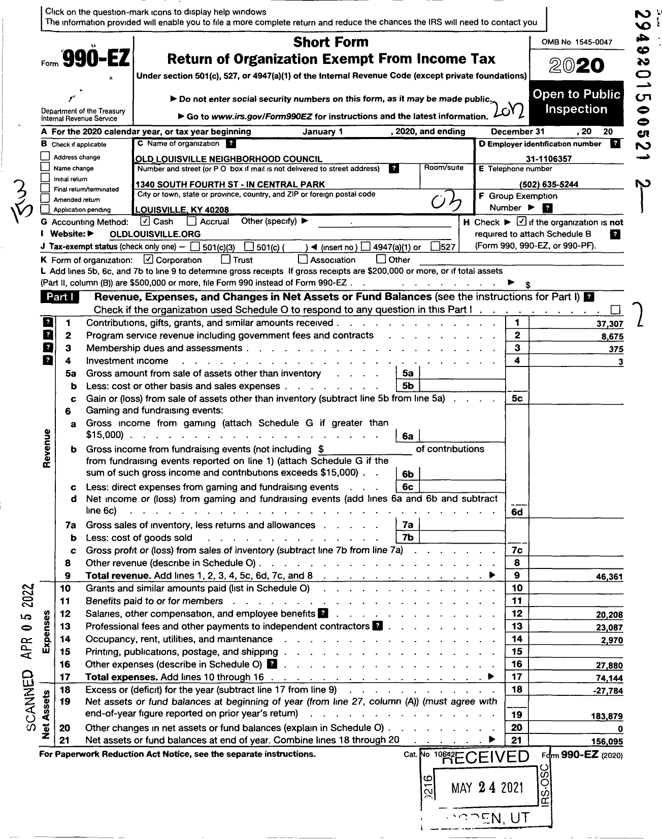 Image of first page of 2020 Form 990EZ for Old Louisville Neighborhood Council