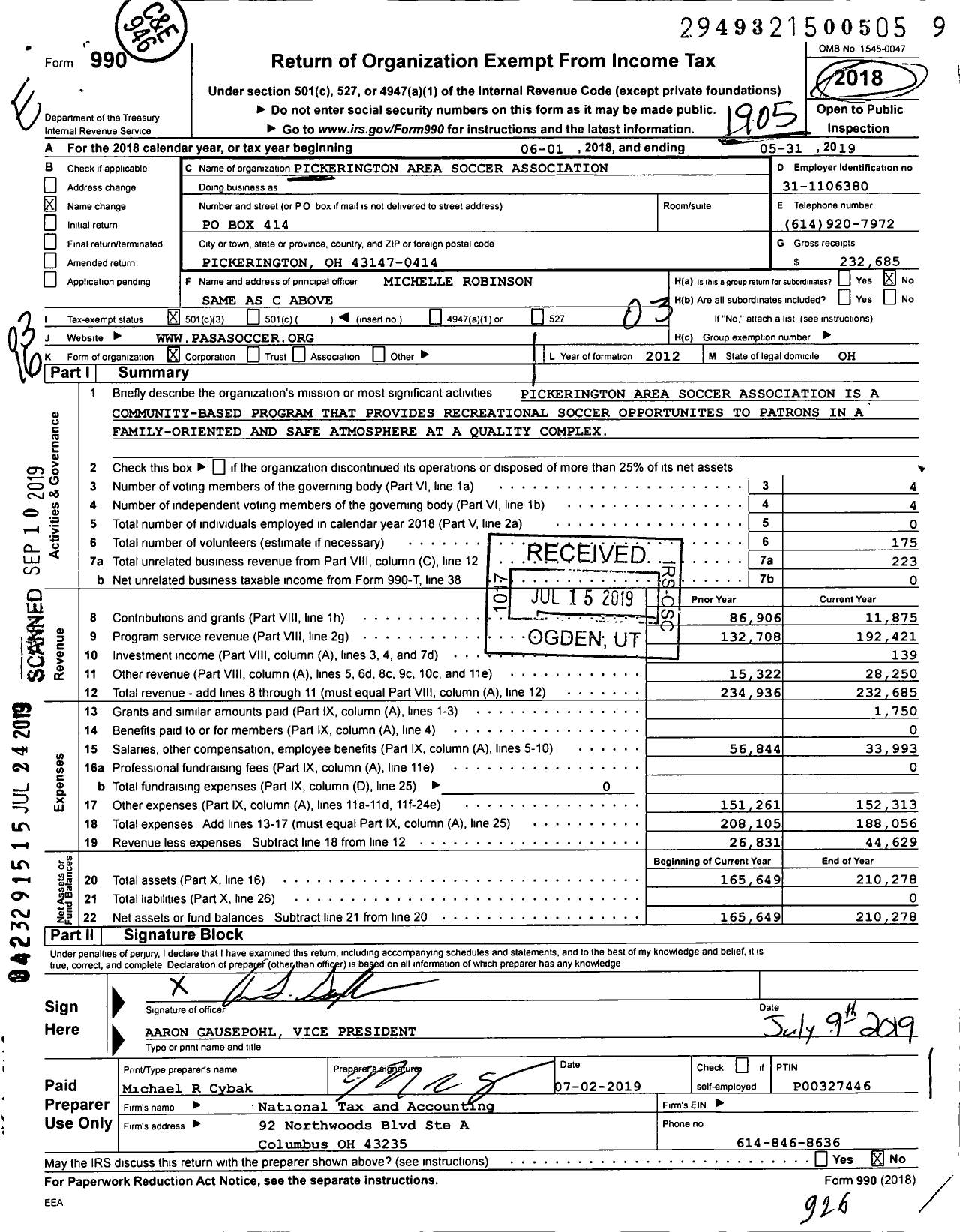 Image of first page of 2018 Form 990 for Pickerington Area Soccer Association