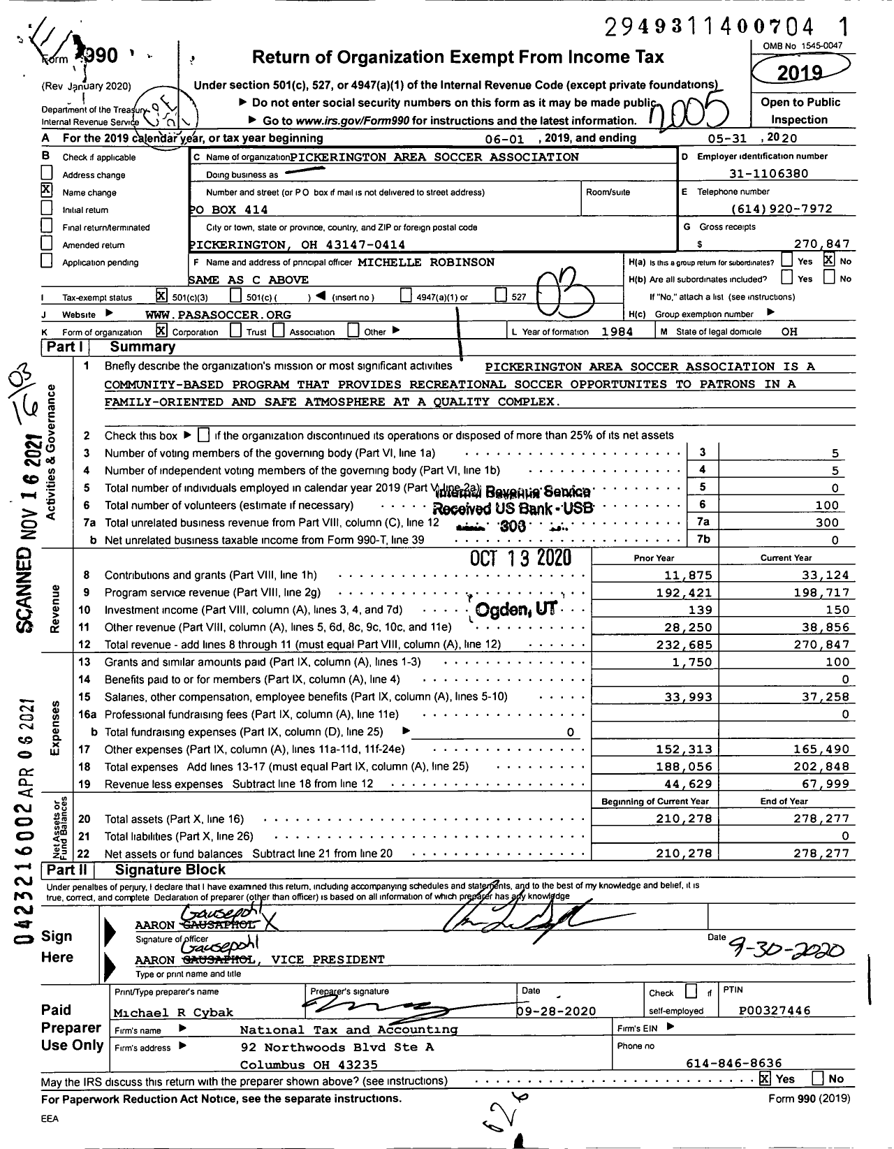 Image of first page of 2019 Form 990 for Pickerington Area Soccer Association