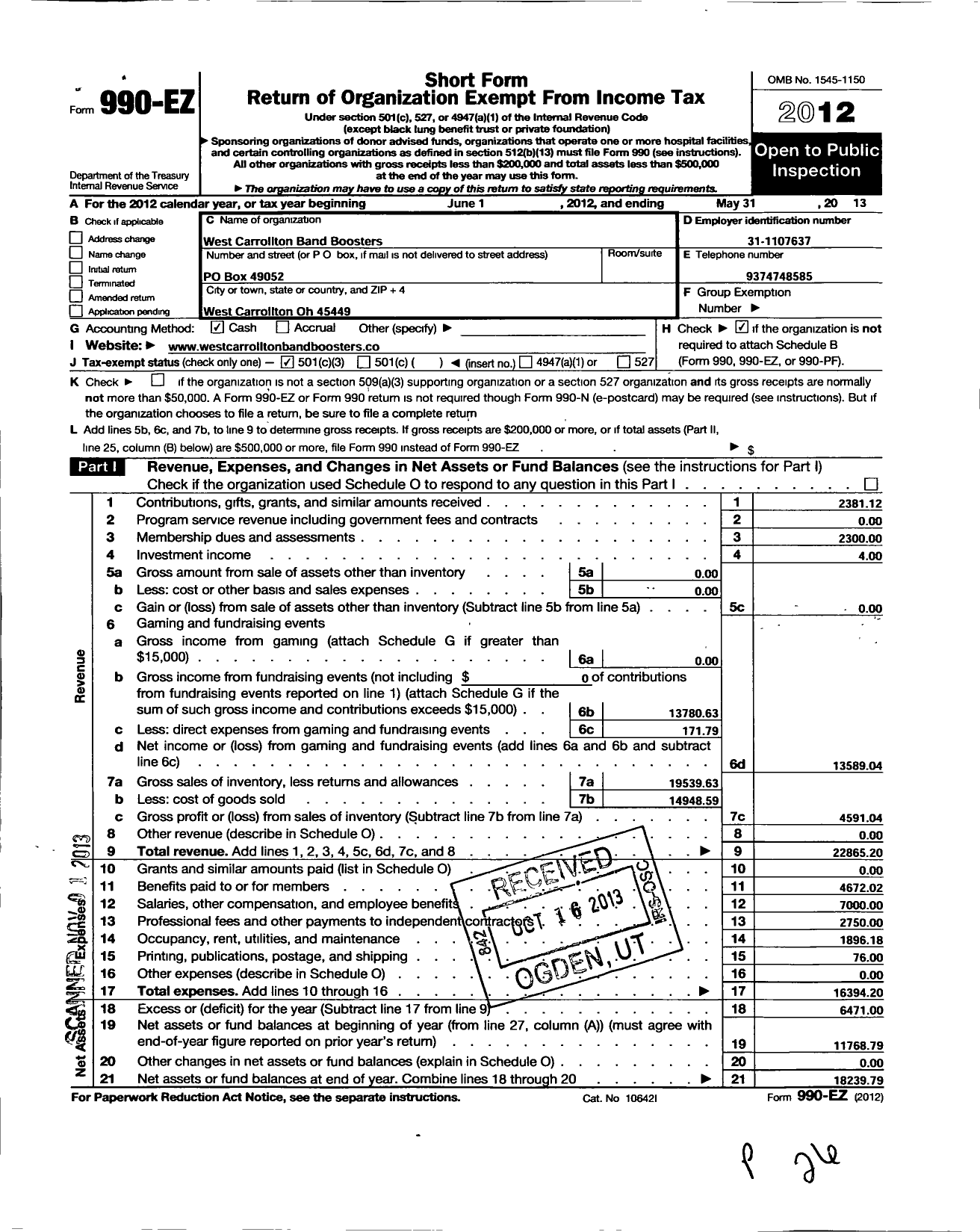 Image of first page of 2012 Form 990EZ for West Carrollton Band Boosters