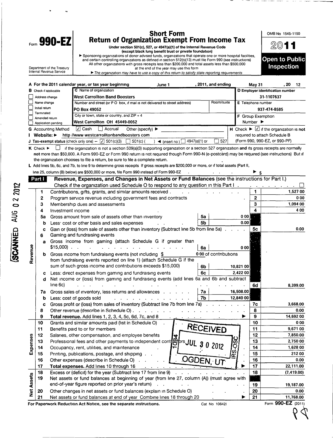 Image of first page of 2011 Form 990EZ for West Carrollton Band Boosters