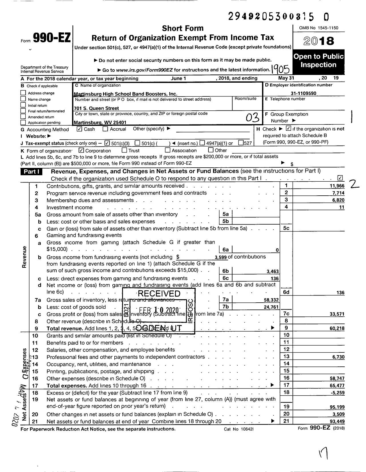 Image of first page of 2018 Form 990EZ for Martinsburg High School Band Boosters