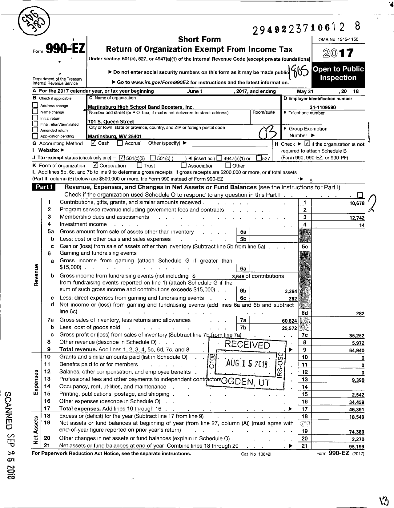 Image of first page of 2017 Form 990EZ for Martinsburg High School Band Boosters