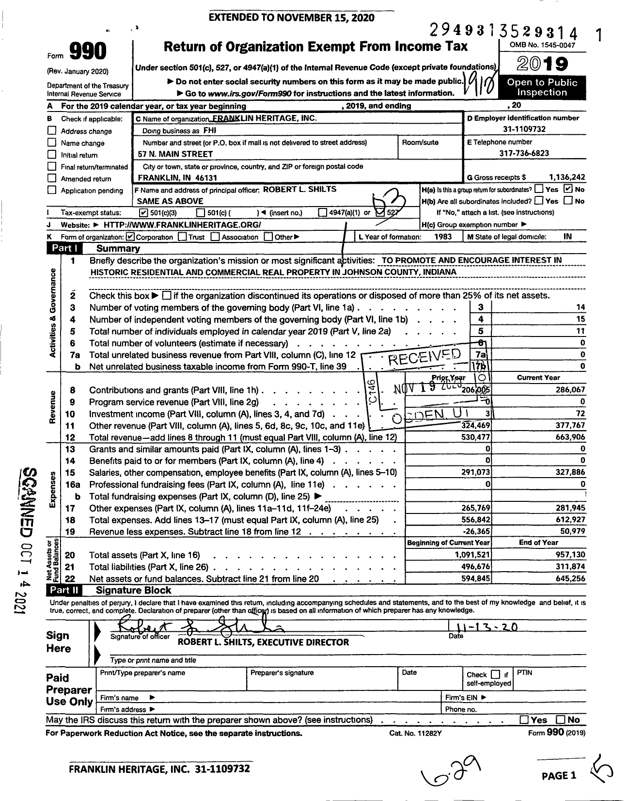 Image of first page of 2019 Form 990 for Franklin Heritage (FHI)