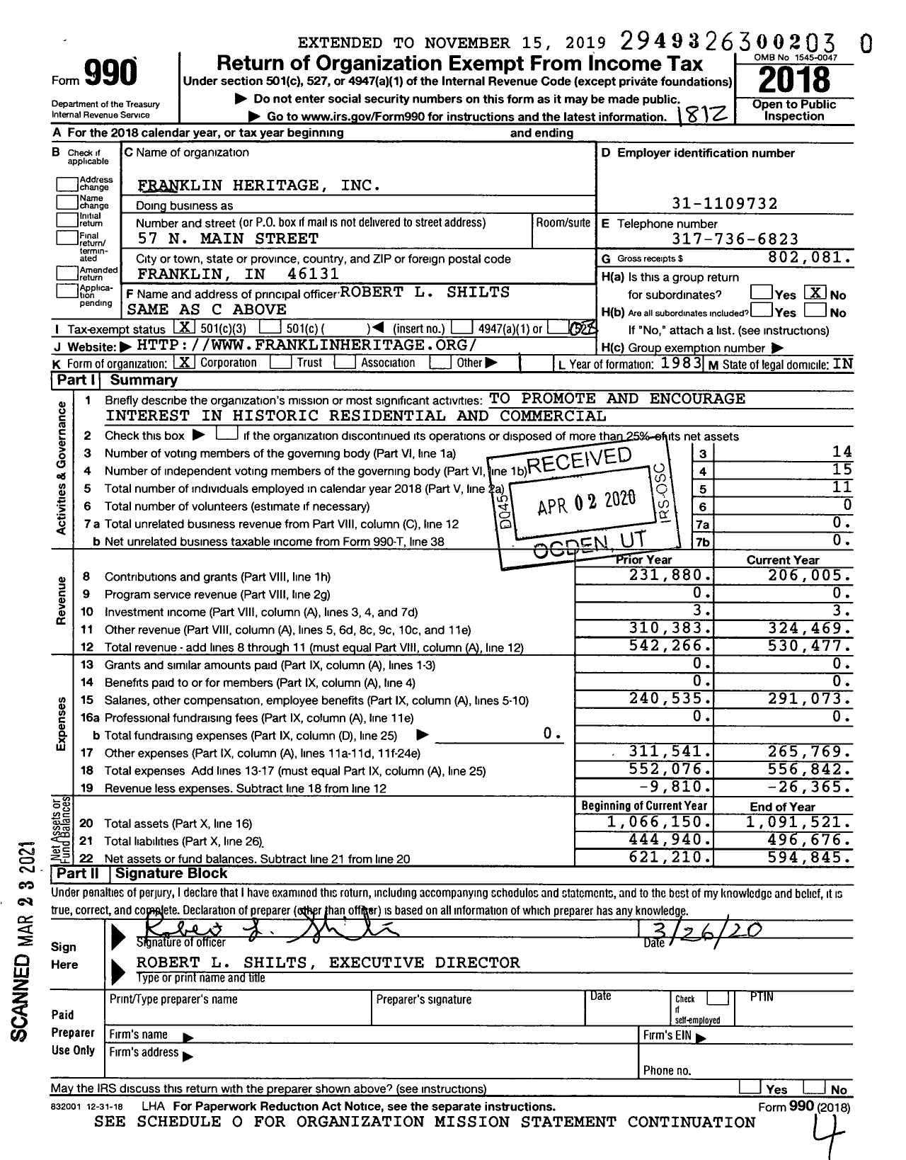 Image of first page of 2018 Form 990 for Franklin Heritage (FHI)