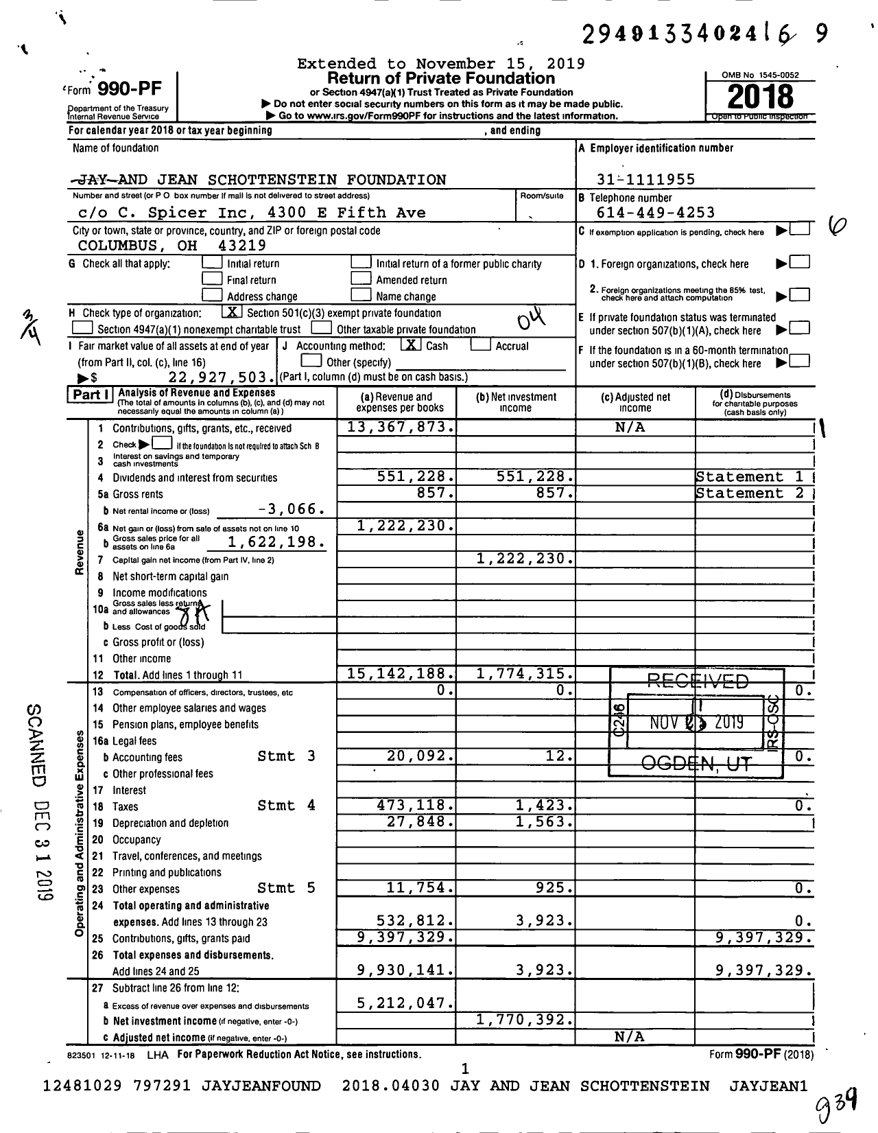 Image of first page of 2018 Form 990PF for Jay and Jean Schottenstein Foundation