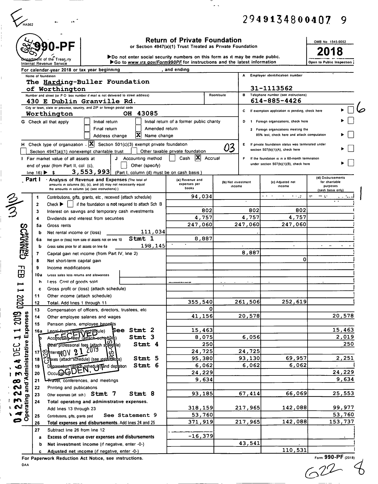 Image of first page of 2018 Form 990PF for The Harding-Buller Foundation of Worthington