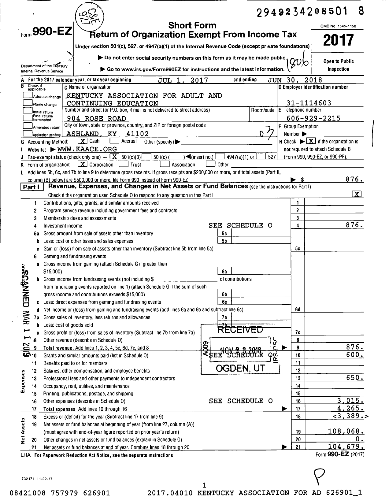 Image of first page of 2017 Form 990EZ for Kentucky Association for Adult and Continuing Education