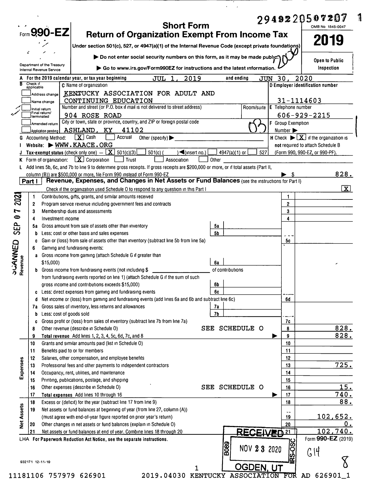 Image of first page of 2019 Form 990EZ for Kentucky Association for Adult and Continuing Education