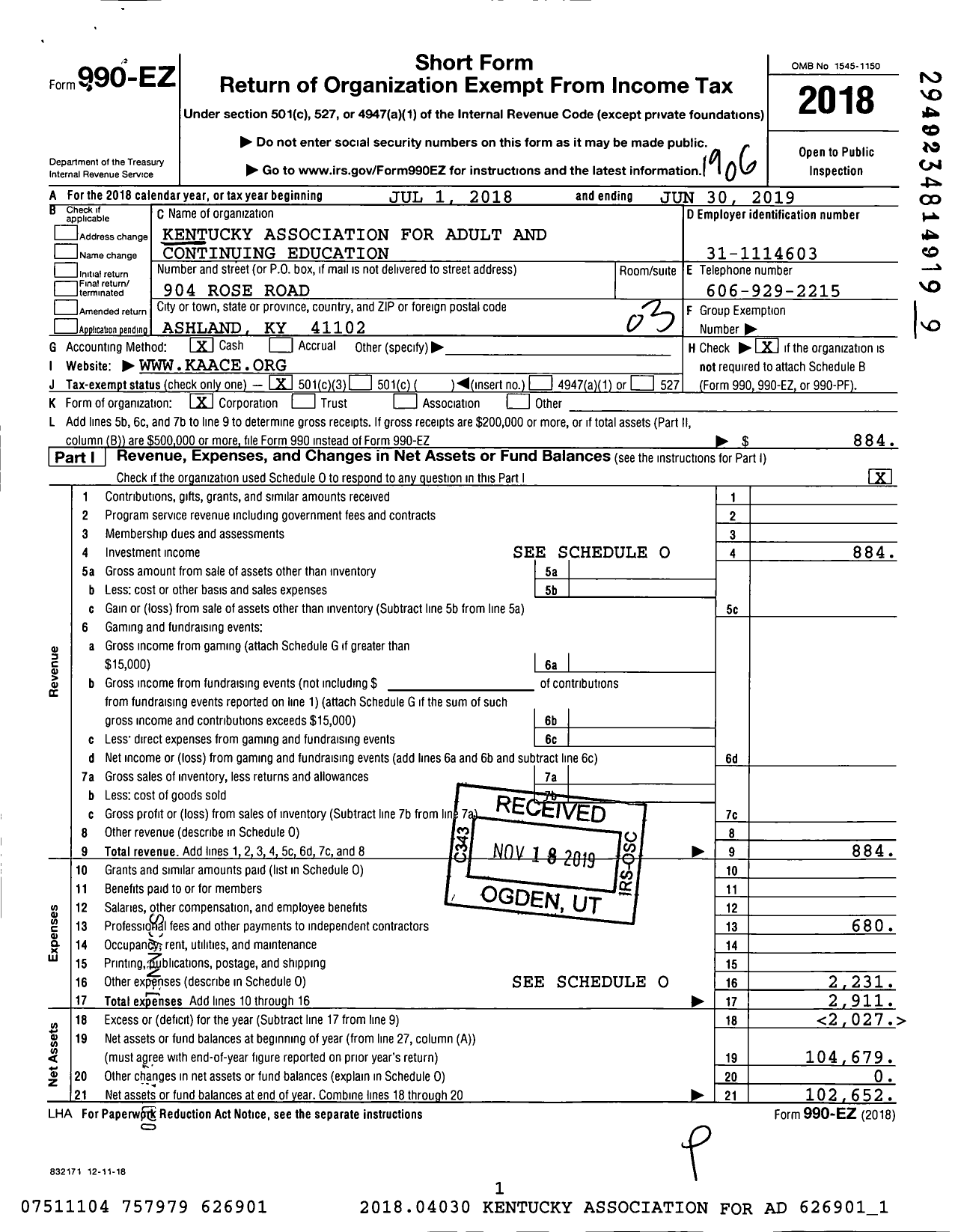 Image of first page of 2018 Form 990EZ for Kentucky Association for Adult and Continuing Education