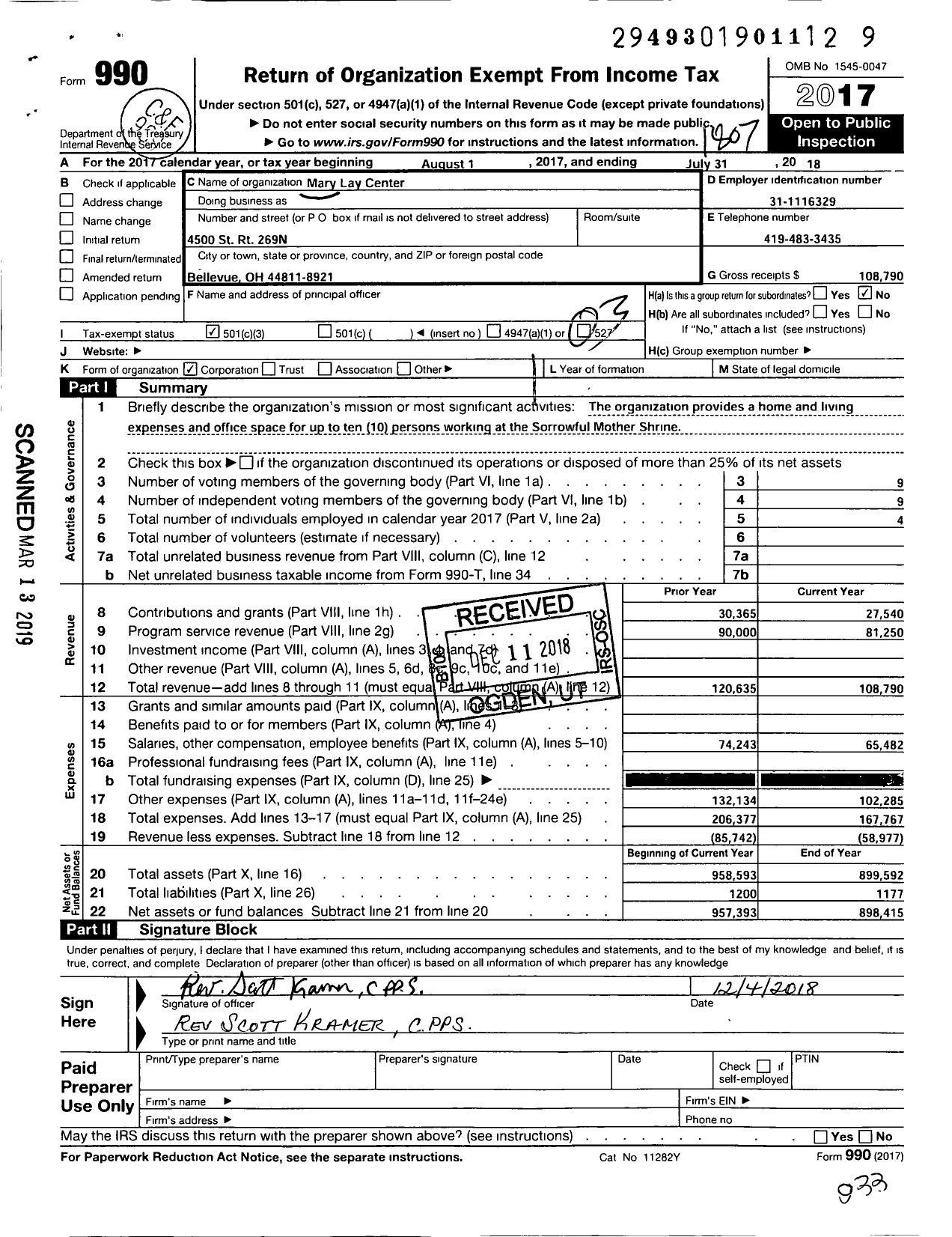 Image of first page of 2017 Form 990 for Mary Lay Center