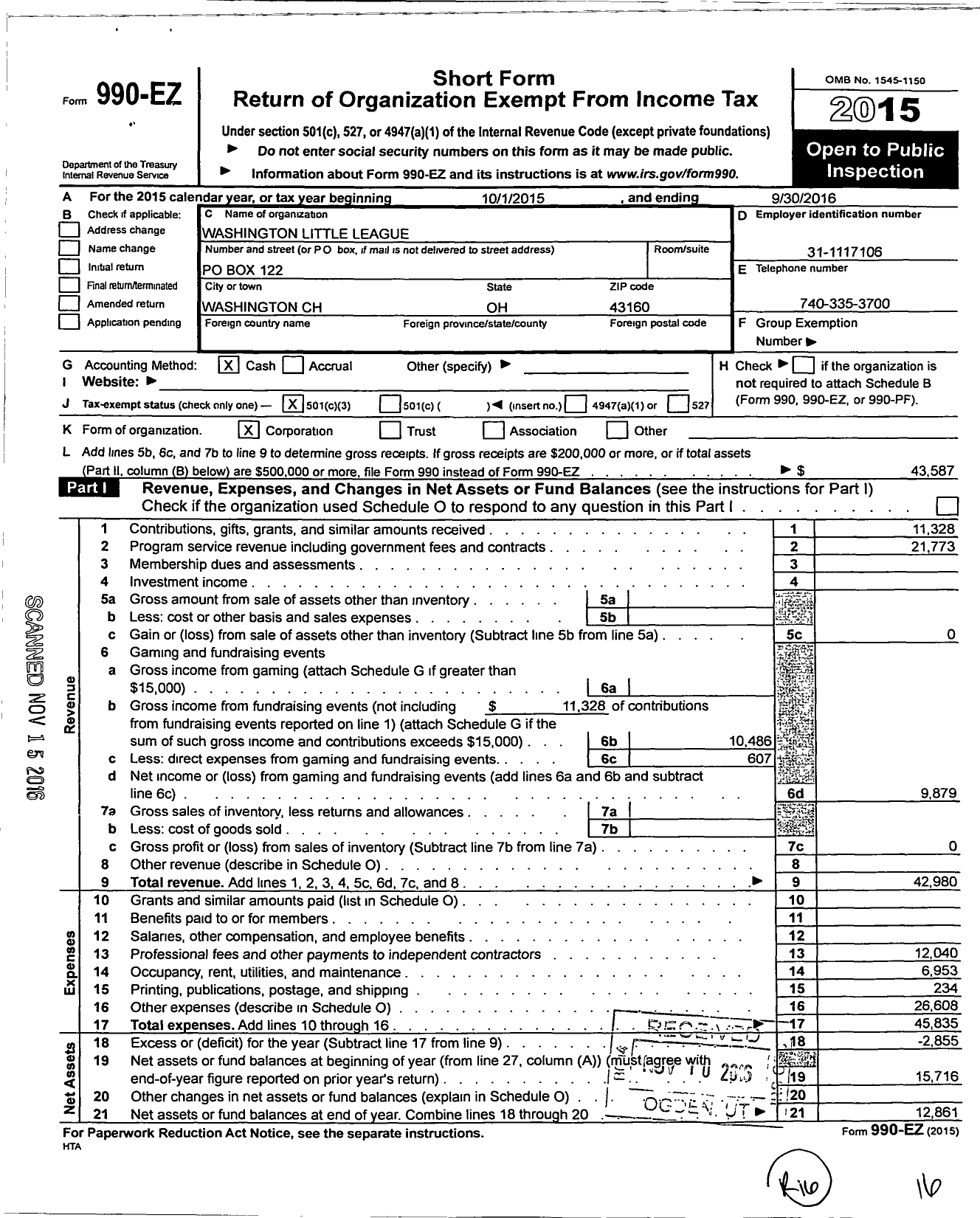 Image of first page of 2015 Form 990EZ for Little League Baseball - 1350816 Washington Court House LL