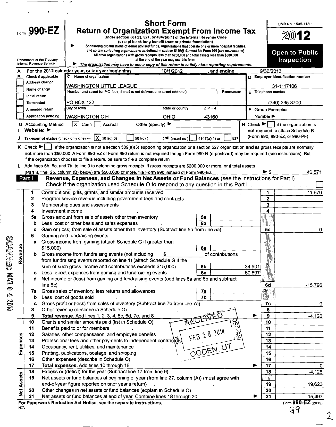 Image of first page of 2012 Form 990EZ for Little League Baseball - 1350816 Washington Court House LL