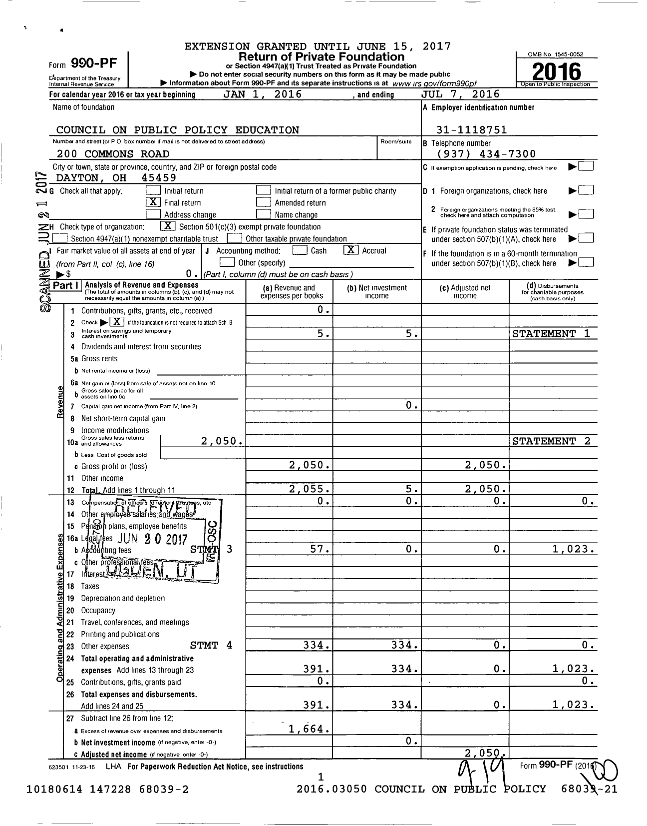 Image of first page of 2015 Form 990PF for Council on Public Policy Education