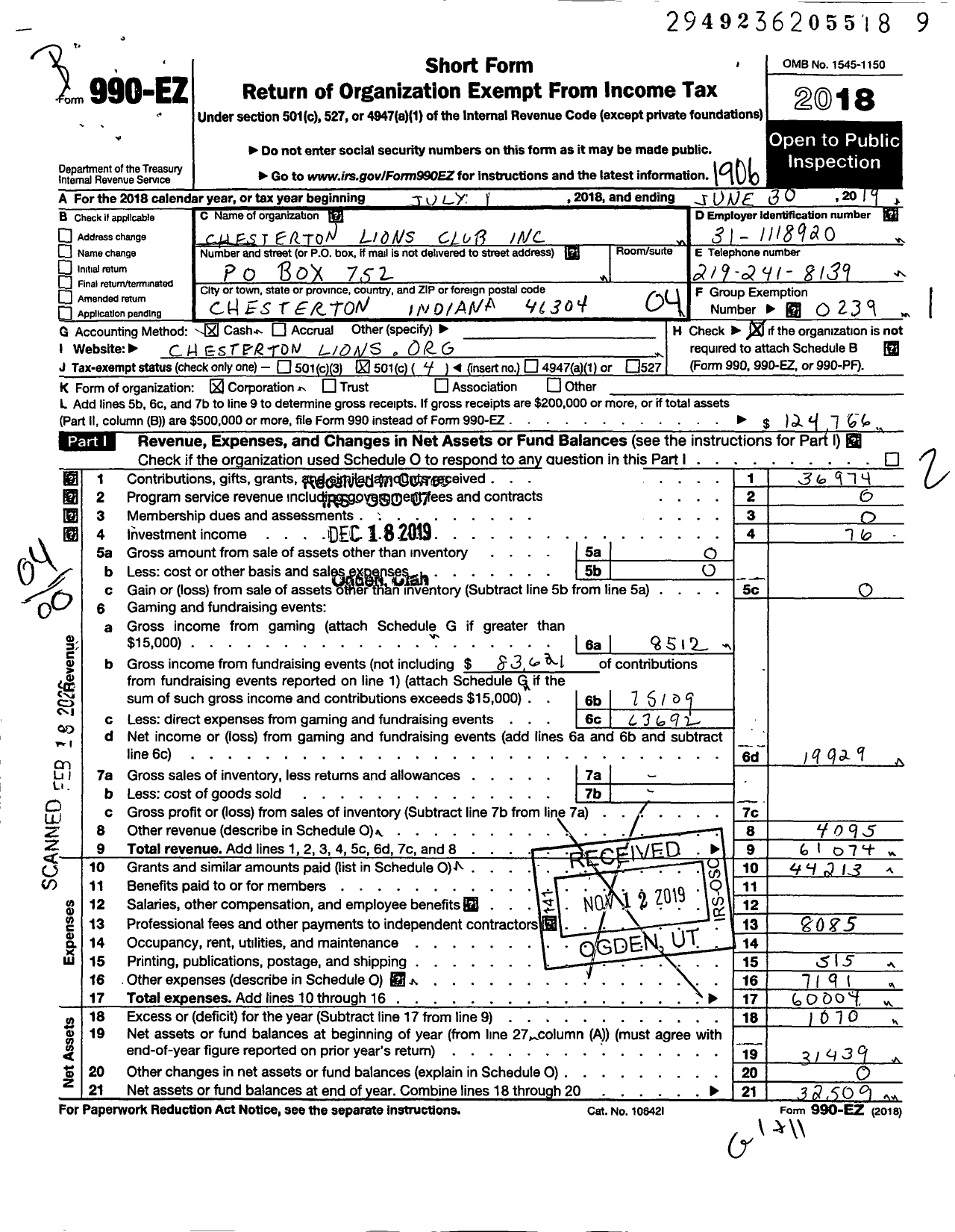 Image of first page of 2018 Form 990EO for Lions Clubs - 9410 Chesterton