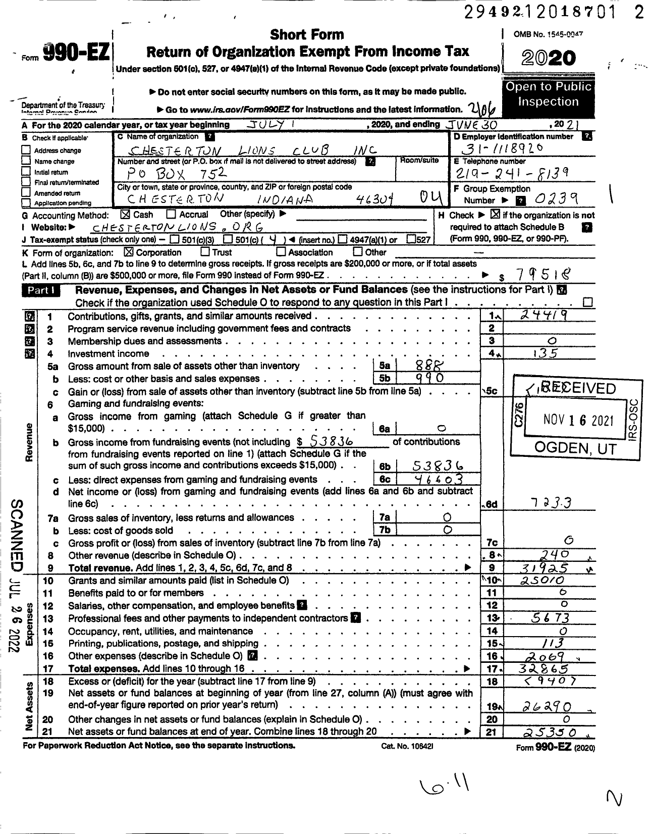 Image of first page of 2020 Form 990EO for Lions Clubs - 9410 Chesterton