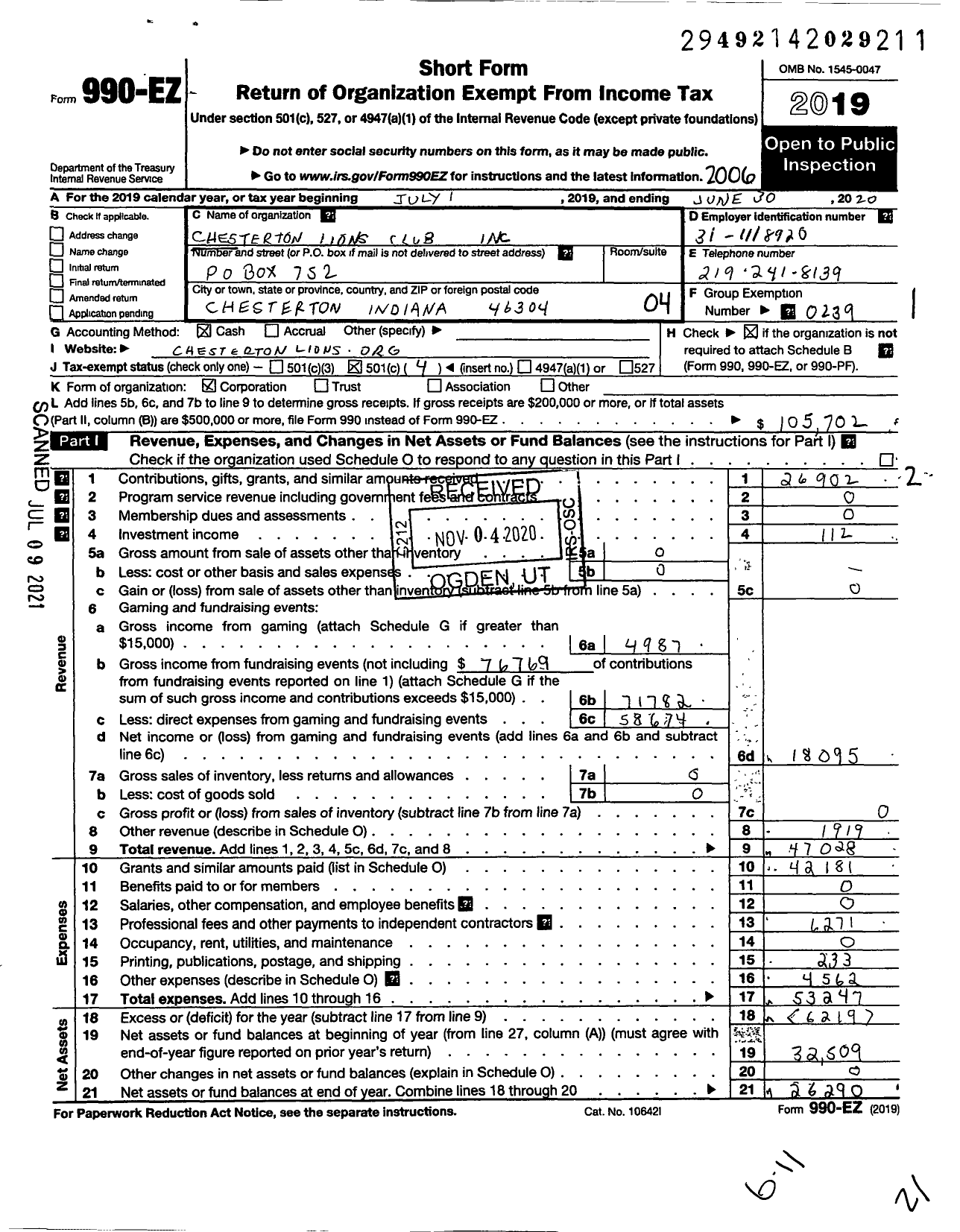 Image of first page of 2019 Form 990EO for Lions Clubs - 9410 Chesterton