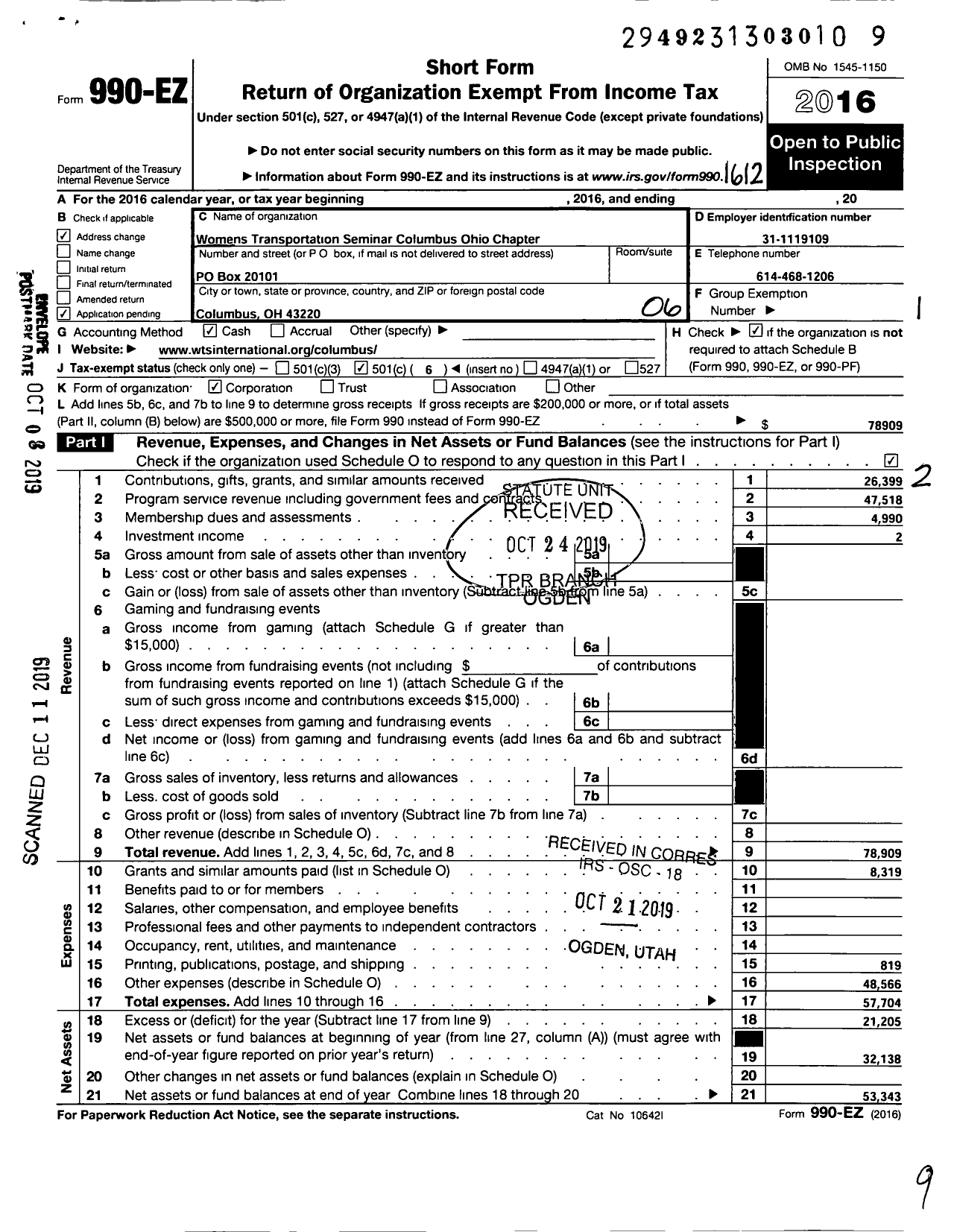 Image of first page of 2016 Form 990EO for The Womens Transportation Seminar of Columbus Ohio