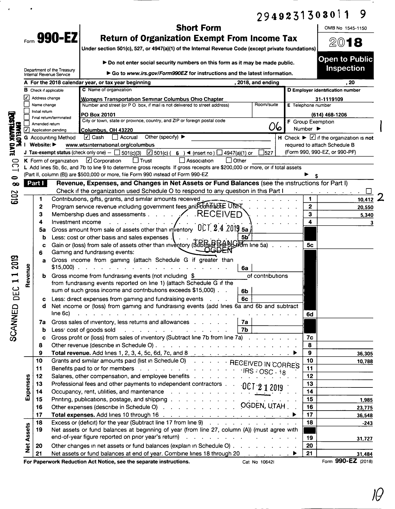 Image of first page of 2018 Form 990EO for The Womens Transportation Seminar of Columbus Ohio