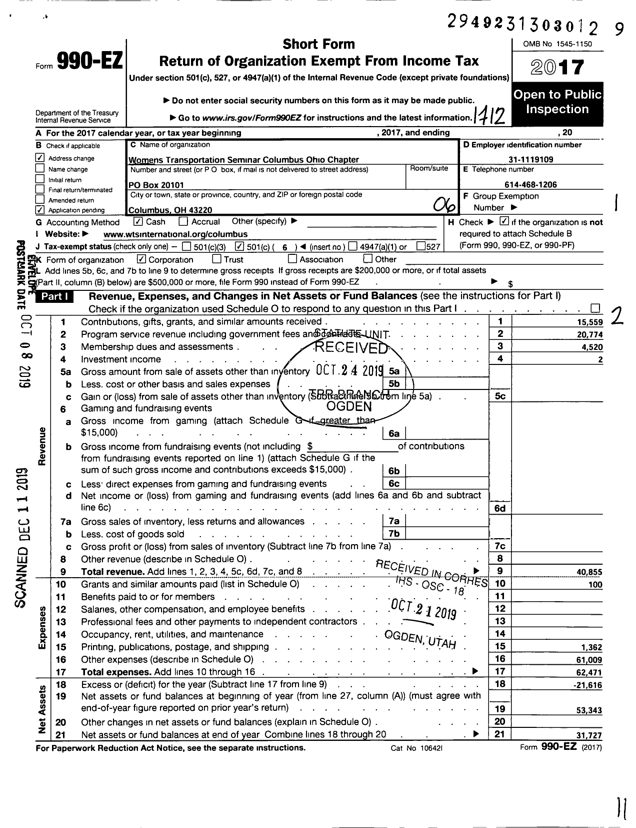 Image of first page of 2017 Form 990EO for The Womens Transportation Seminar of Columbus Ohio