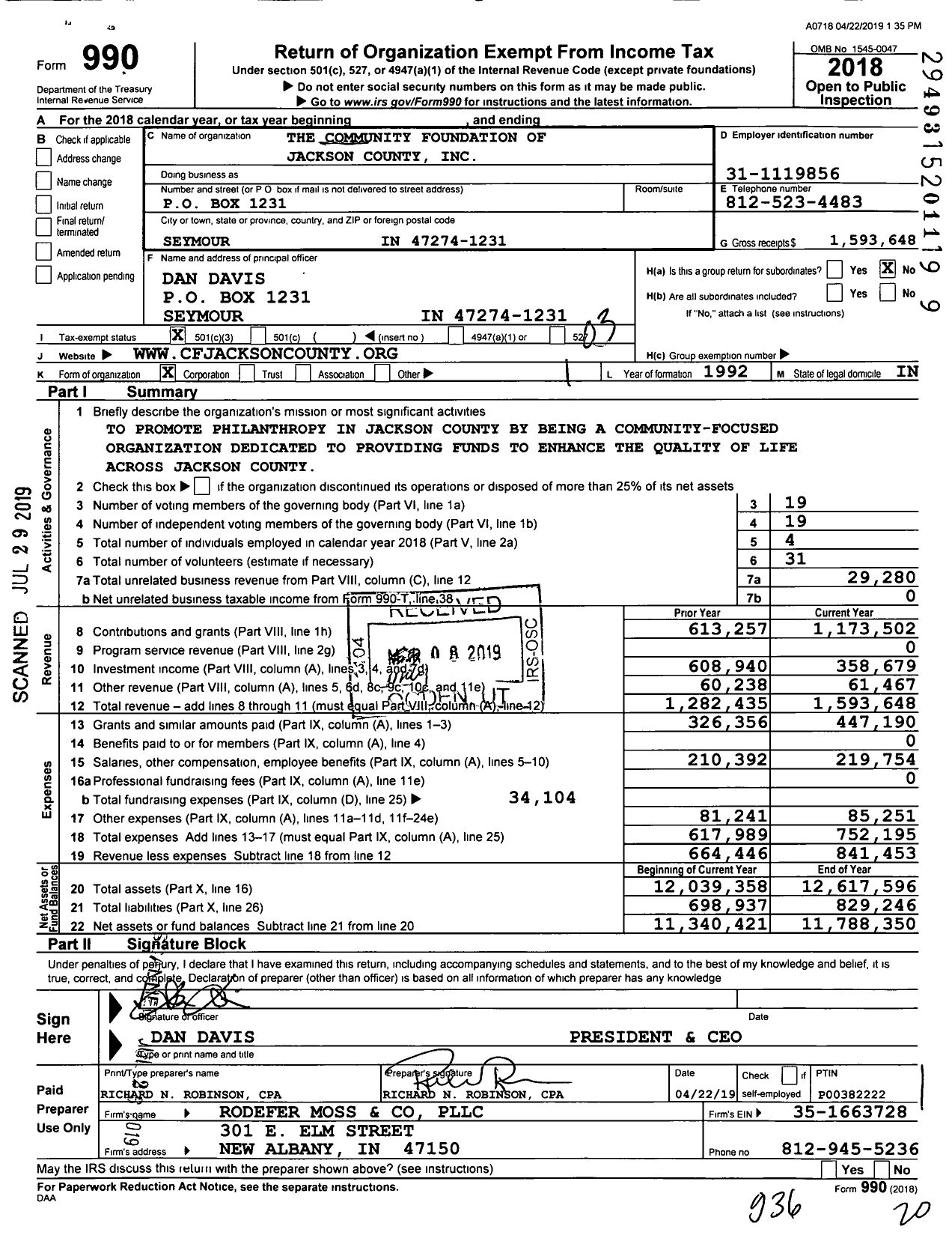 Image of first page of 2018 Form 990 for The Community Foundation of Jackson County