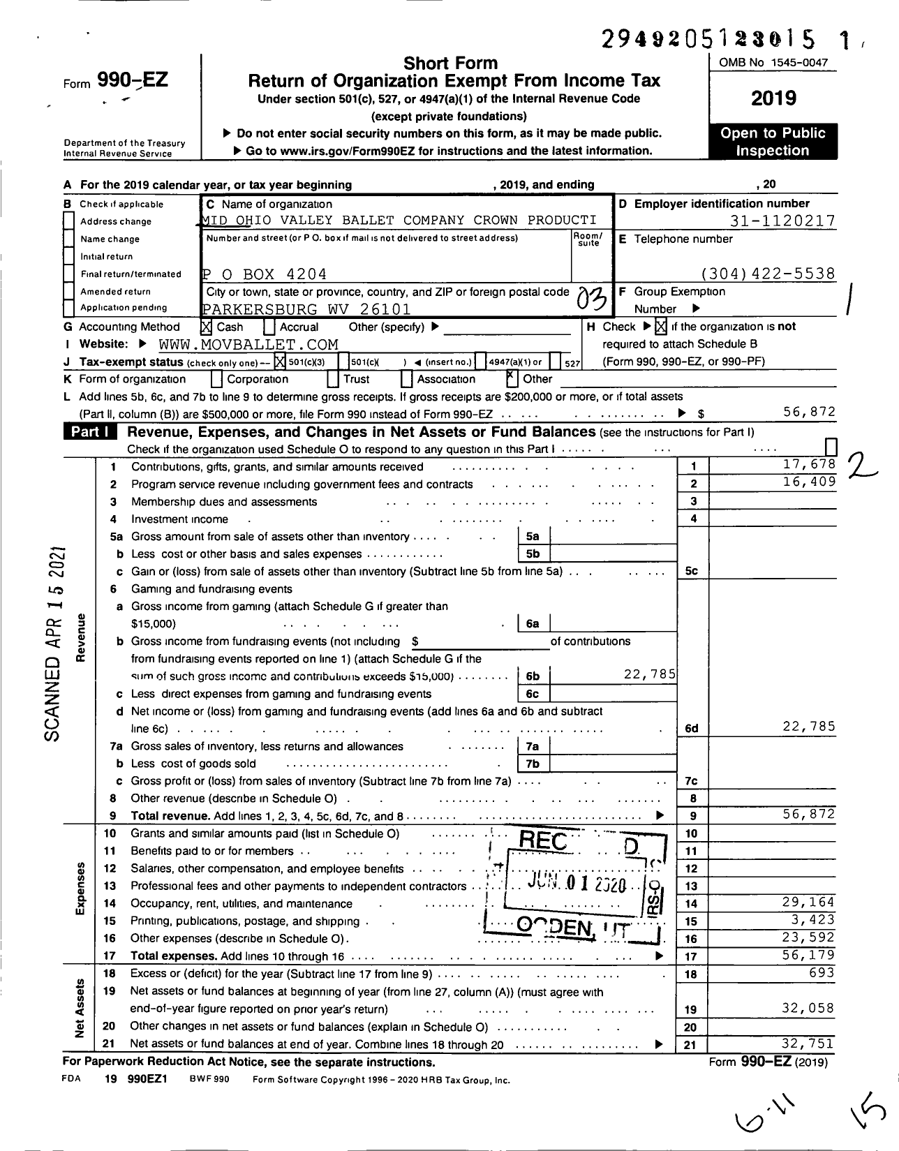 Image of first page of 2019 Form 990EZ for Mid Ohio Valley Ballet Company