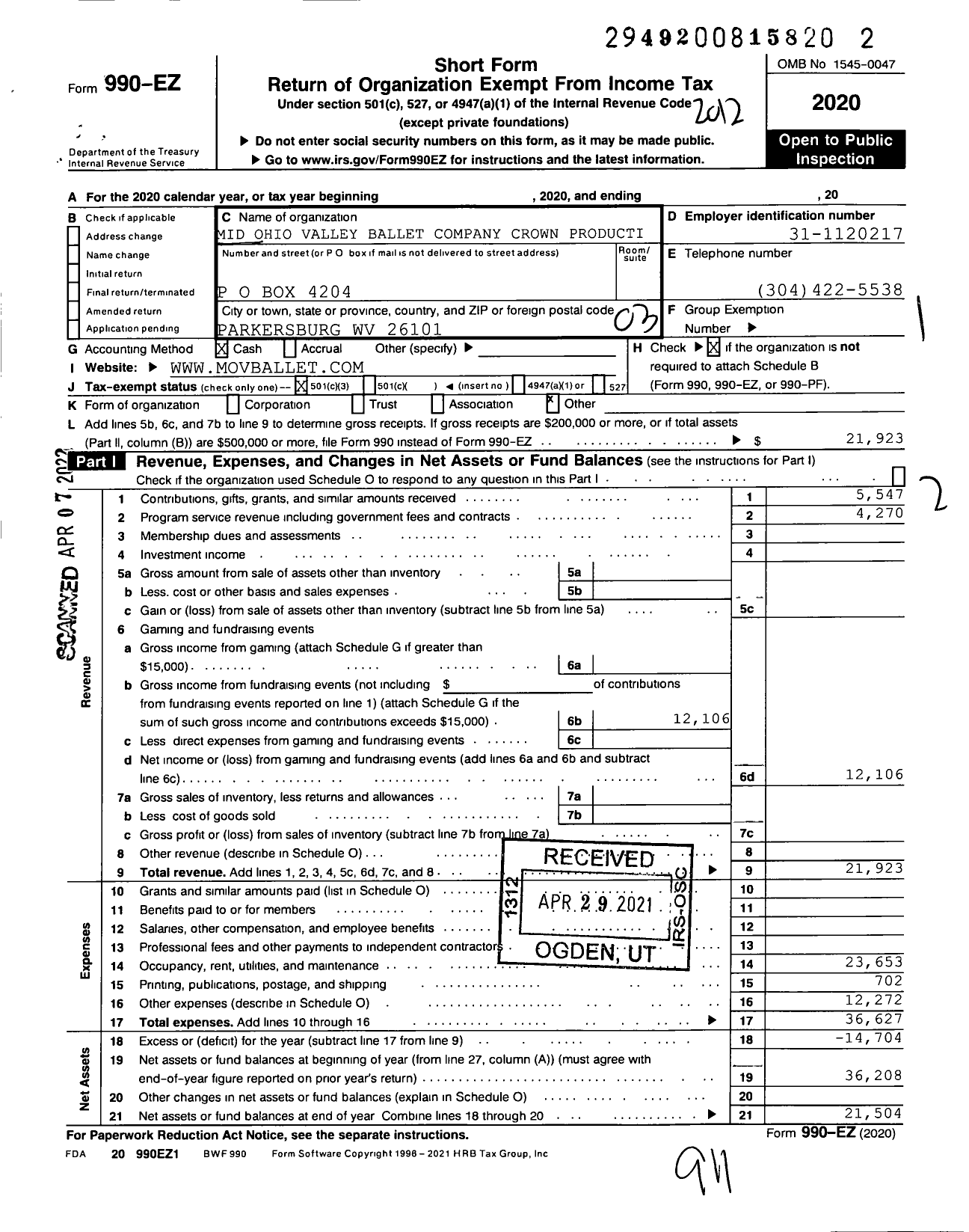 Image of first page of 2020 Form 990EZ for Mid Ohio Valley Ballet Company