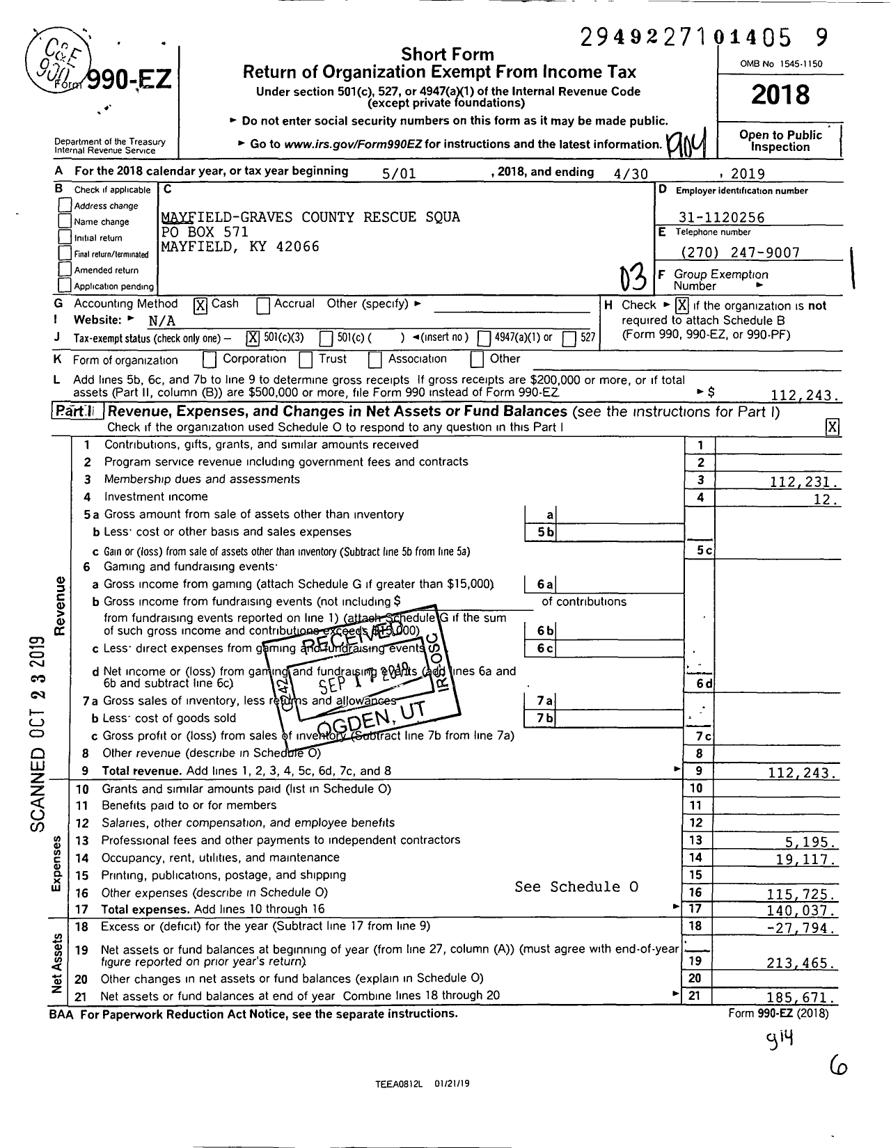 Image of first page of 2018 Form 990EZ for Mayfield-Graves County Rescue Squa