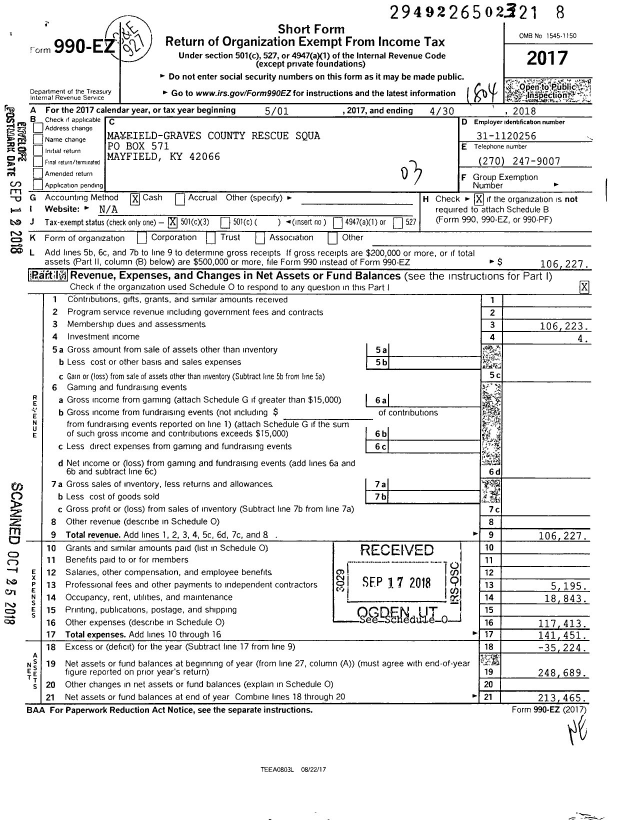 Image of first page of 2017 Form 990EZ for Mayfield-Graves County Rescue Squa