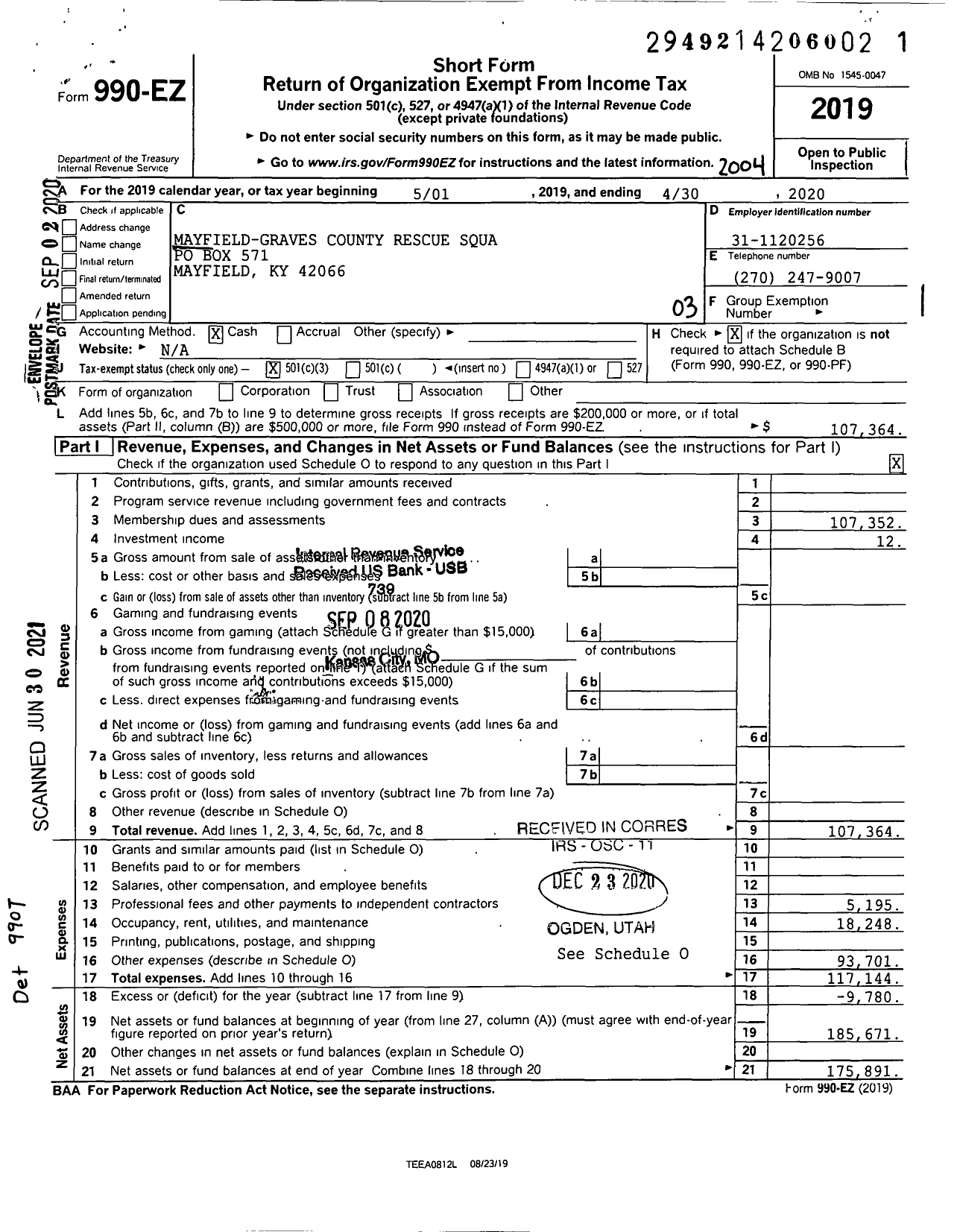 Image of first page of 2019 Form 990EZ for Mayfield-Graves County Rescue Squa