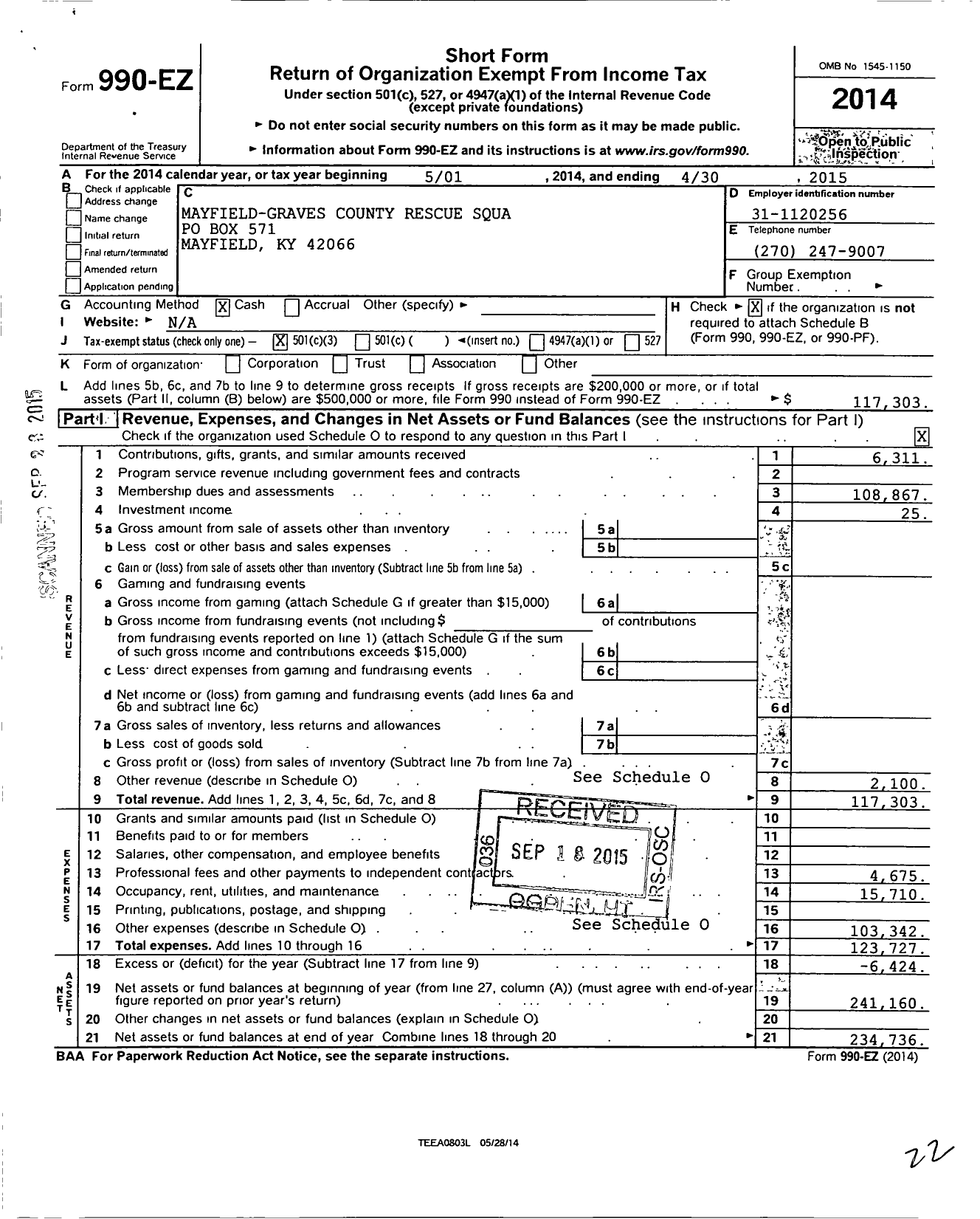 Image of first page of 2014 Form 990EZ for Mayfield-Graves County Rescue Squa