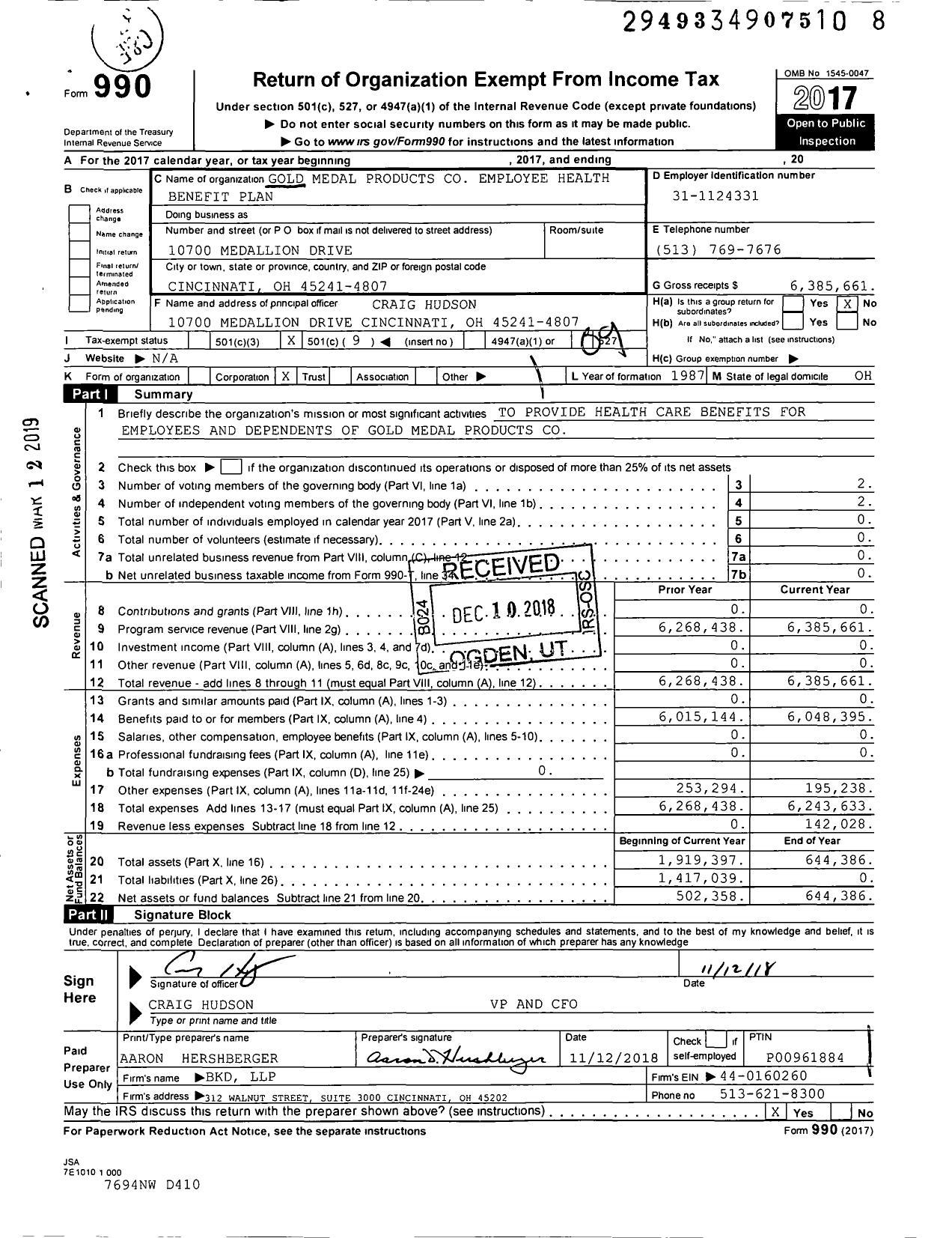 Image of first page of 2017 Form 990O for Gold Medal Products Employee Health Benefit Plan
