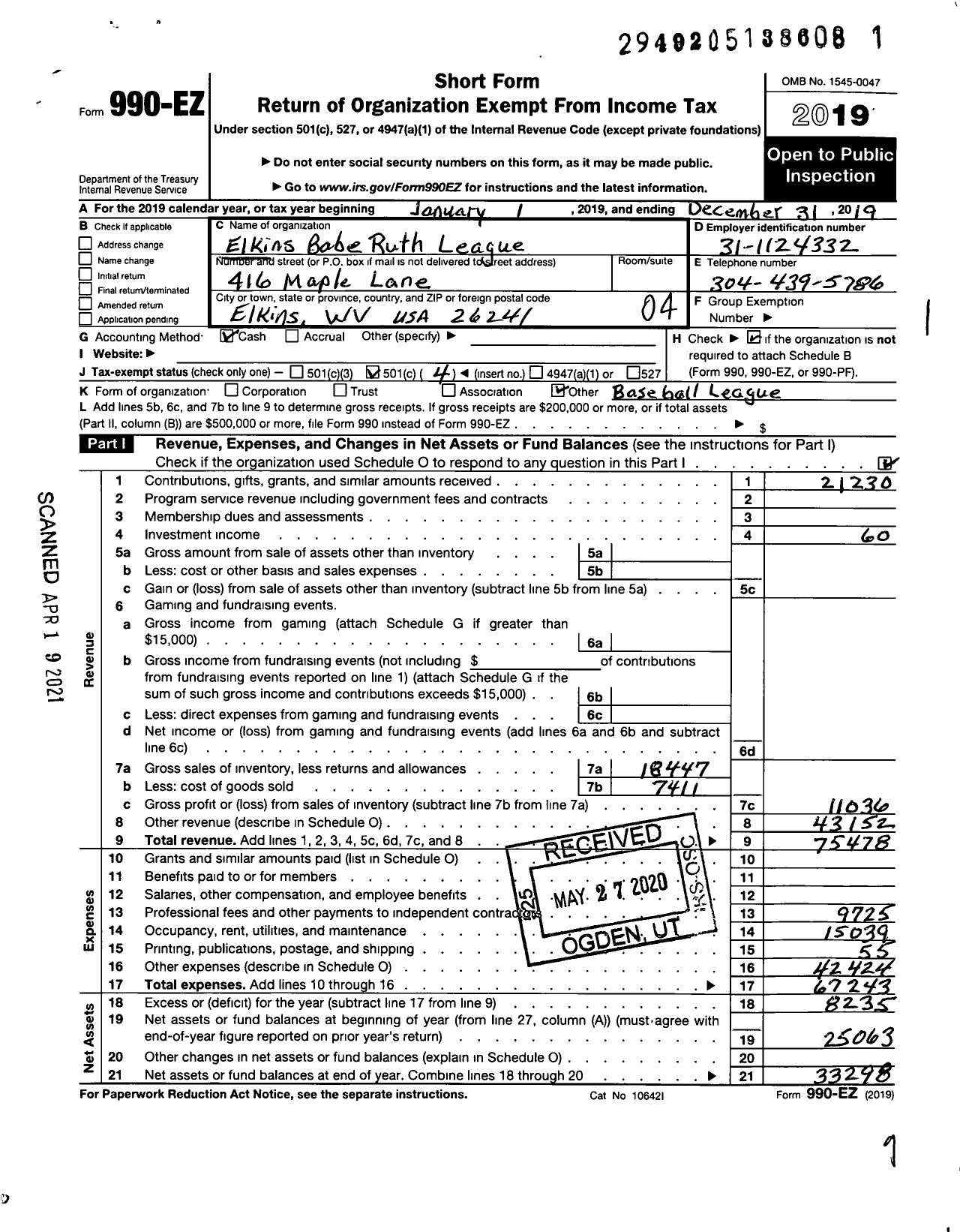 Image of first page of 2019 Form 990EO for Elkins Babe Ruth League