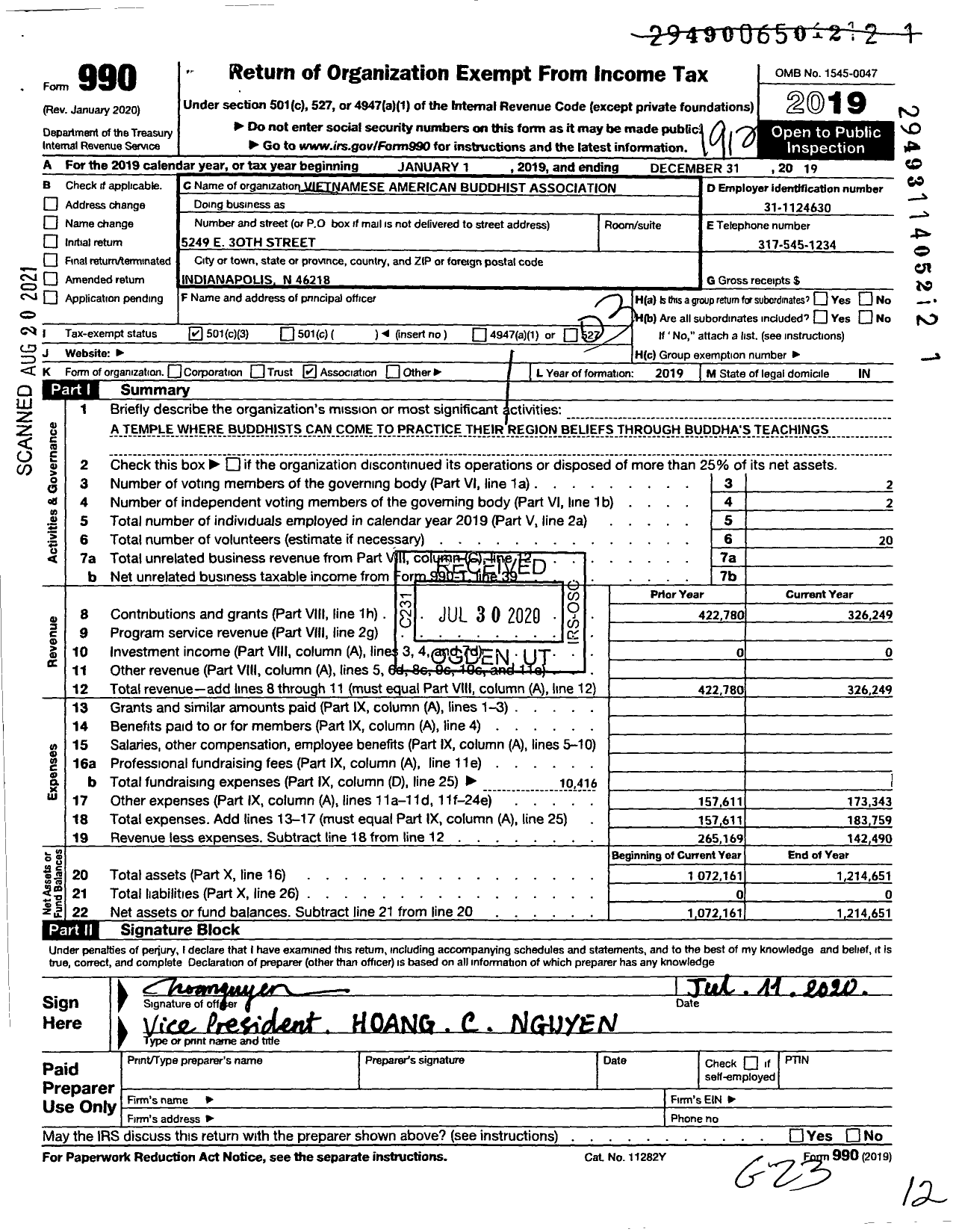 Image of first page of 2019 Form 990 for Vietnamese American Buddhist Association