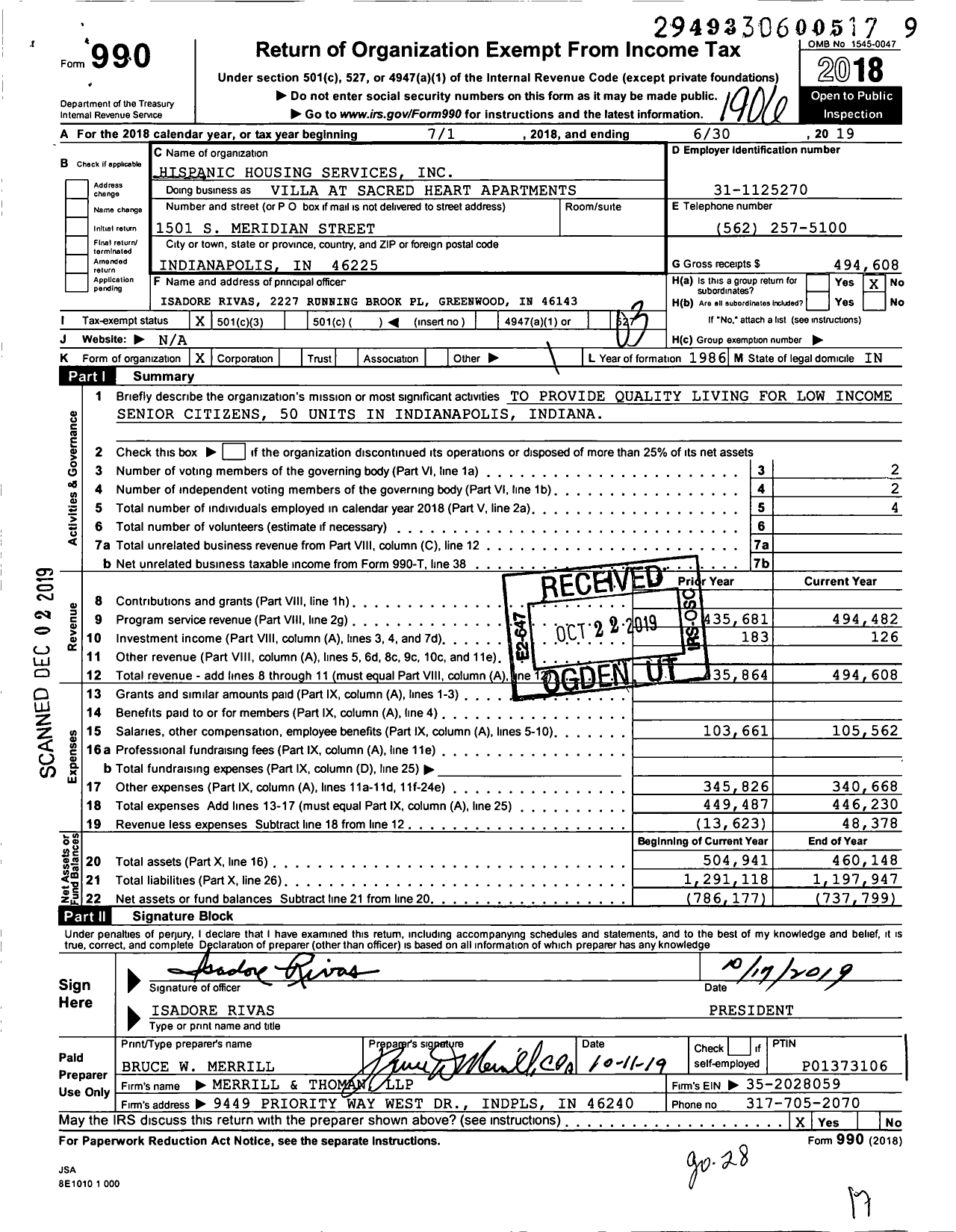 Image of first page of 2018 Form 990 for Villa at Sacred Heart Apartments