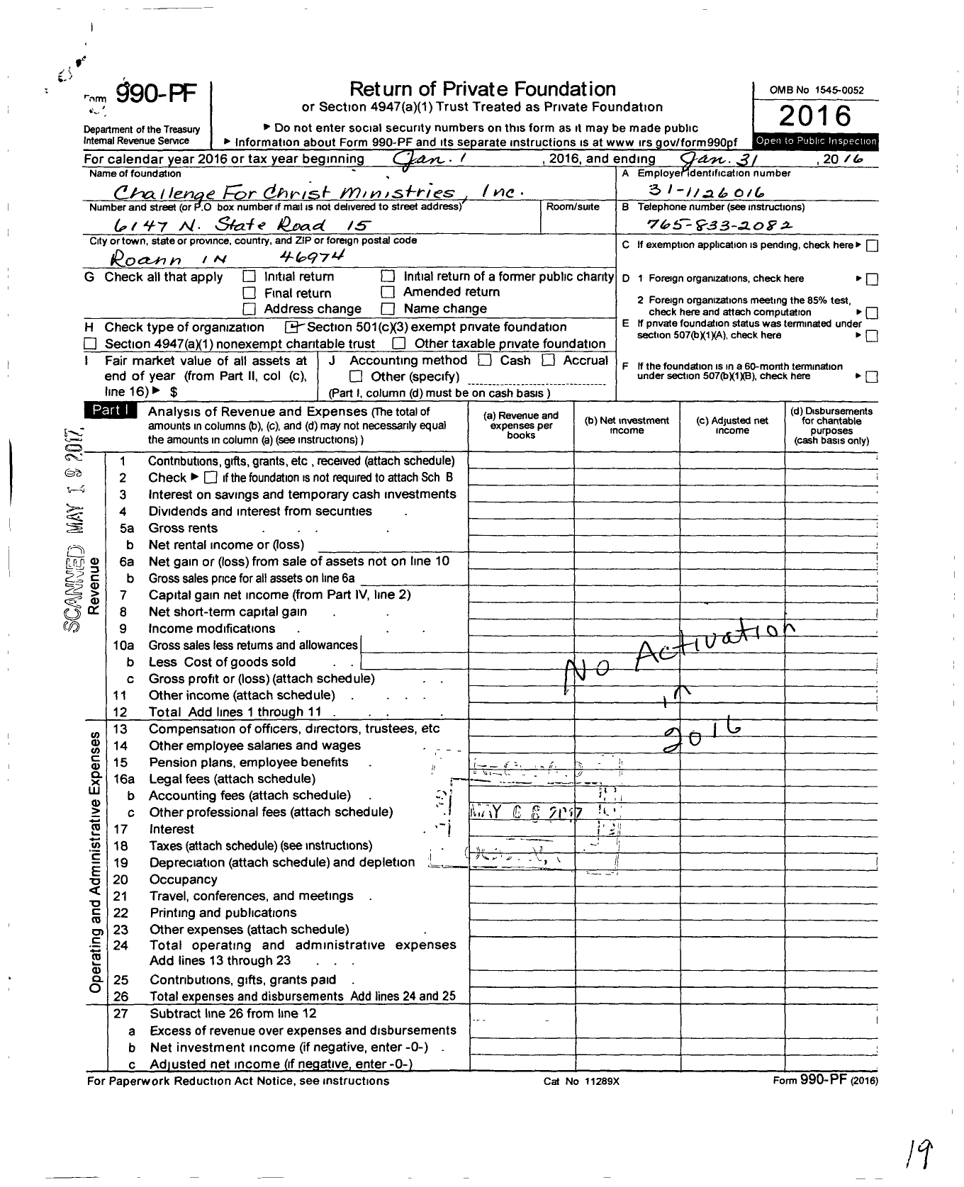 Image of first page of 2015 Form 990PF for Challenge for Christ Ministries