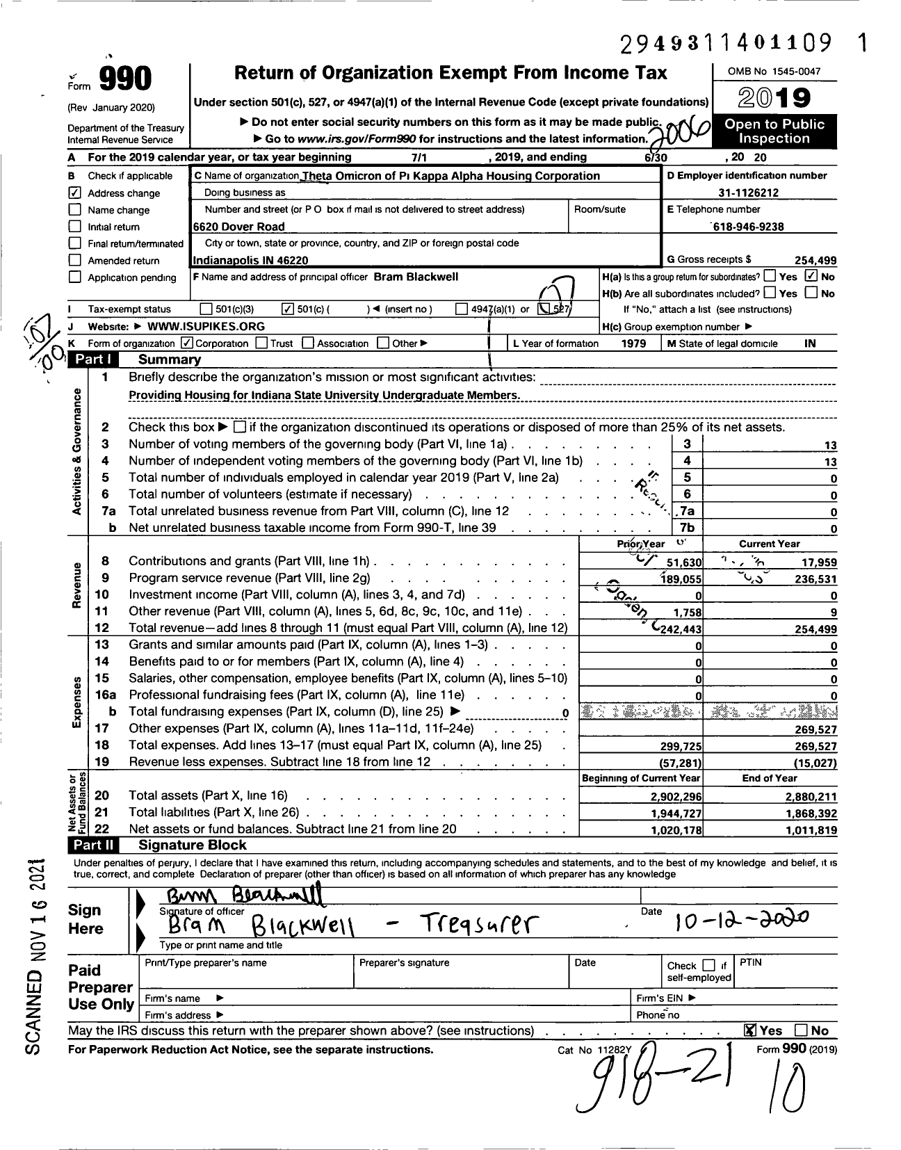 Image of first page of 2019 Form 990O for Theta Omicron of Pi Kappa Alpha Housing Corporation